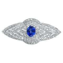 2 Carat Oval Cut Blue Sapphire and Diamond Brooch in 14K White Gold