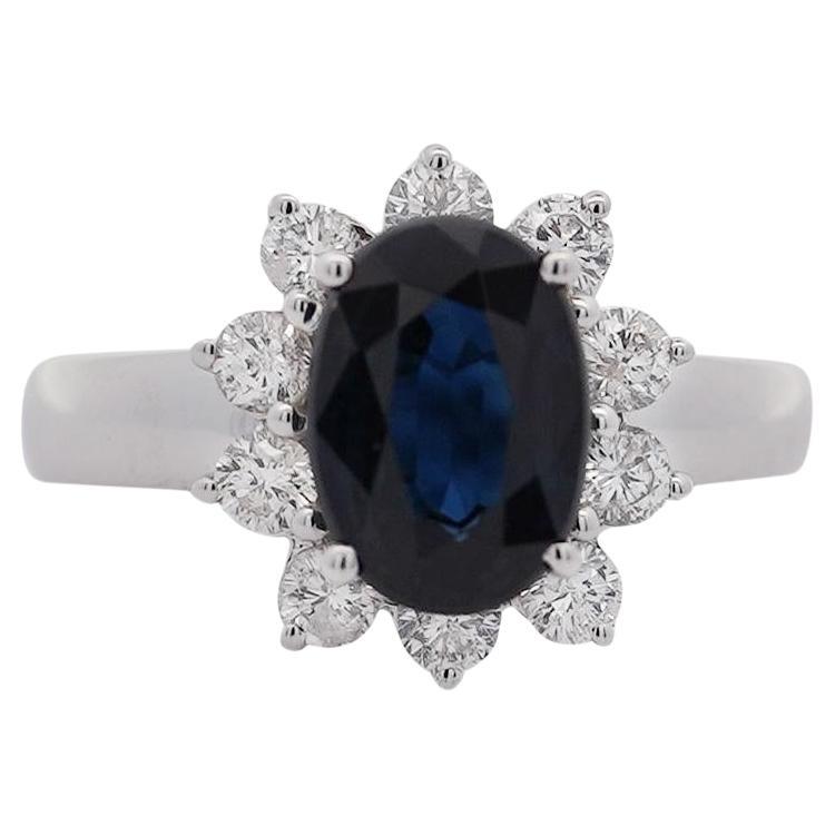 2 Carat Oval Cut Blue Sapphire & Round Diamond Halo Setting Statement Ring