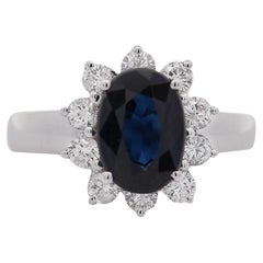 2 Carat Oval Cut Blue Sapphire & Round Diamond Halo Setting Statement Ring