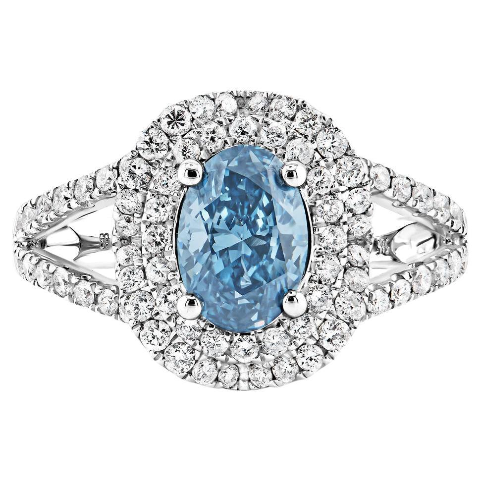 2 Carat Oval Cut Diamond Engagement Ring GIA Certified Fancy Deep Greenish Blue For Sale