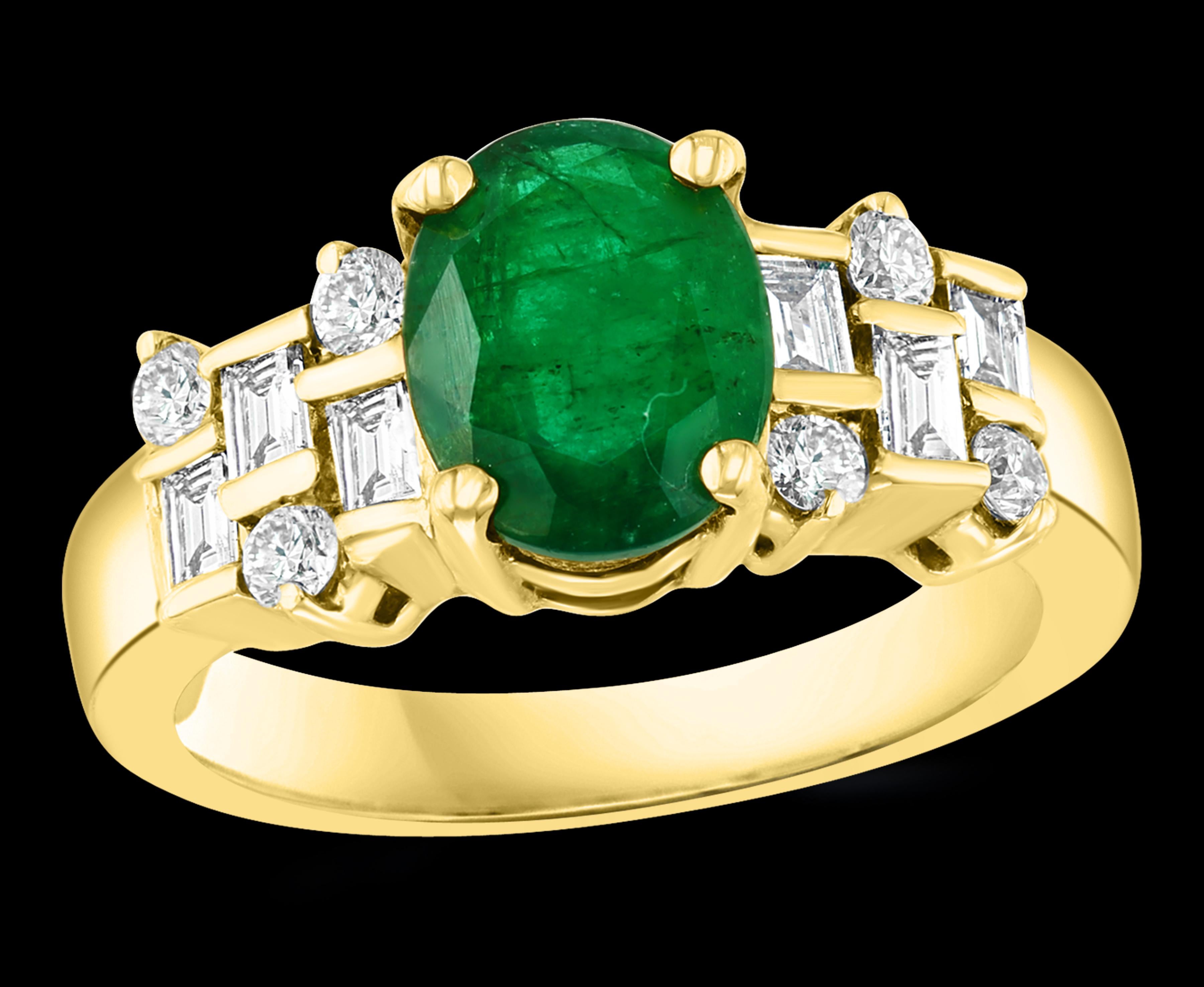 
Approximately 2 Carat Oval Cut  Emerald & 0.5 Carat Diamond Ring 18 K Yellow Gold Size 6.5
Oval Emerald Ring
 Emeralds are very precious , Very Difficult to find and getting more more difficult to find.
A classic, Cocktail ring 
 Emerald
