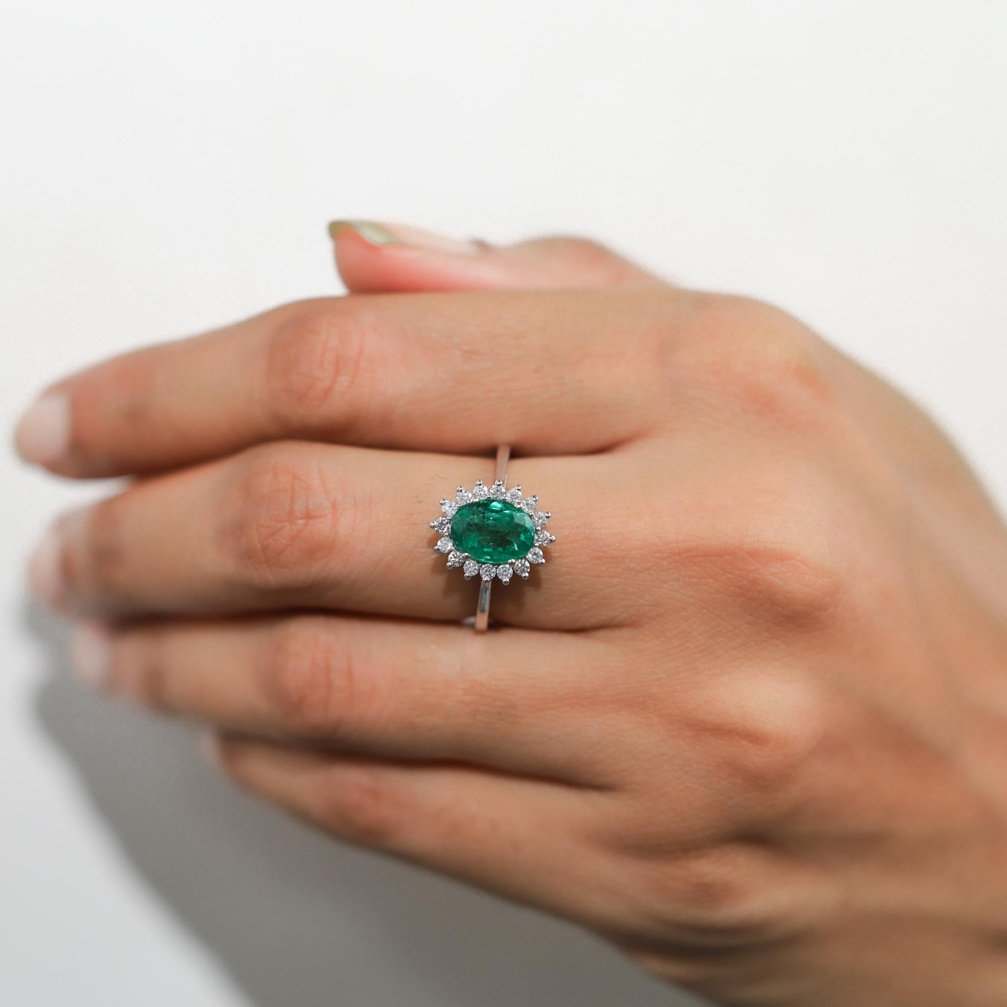 2 Carat Oval Cut Emerald And Diamond Halo Engagement Ring In 18k White Gold For Sale 1
