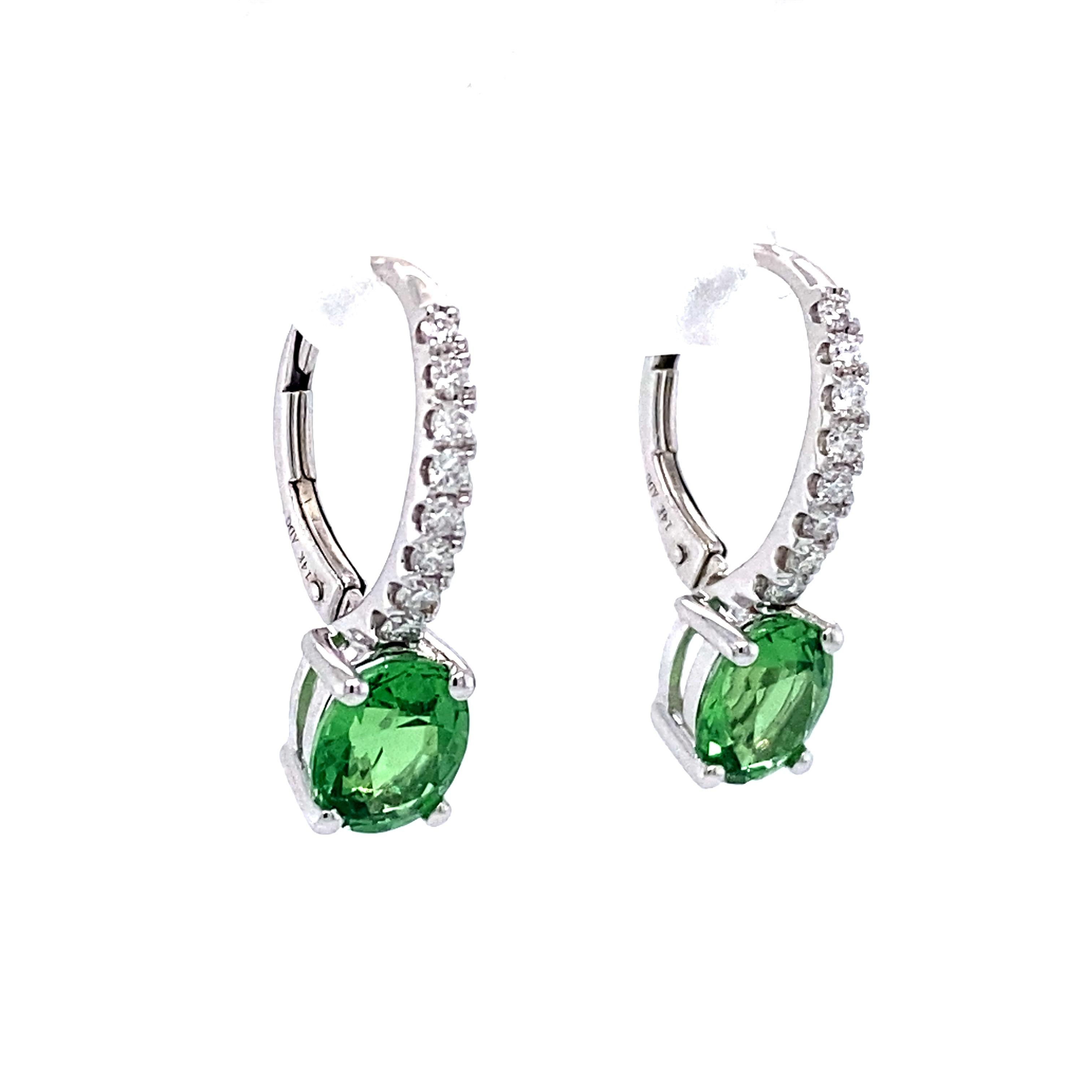 Oval Cut 2 Carat Oval Peridot and Diamond Earrings in 14 Karat White Gold For Sale