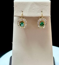 2 Carat Oval Shape Emerald & 2 Ct Diamond Lever back Earrings 14 Kt Yellow Gold