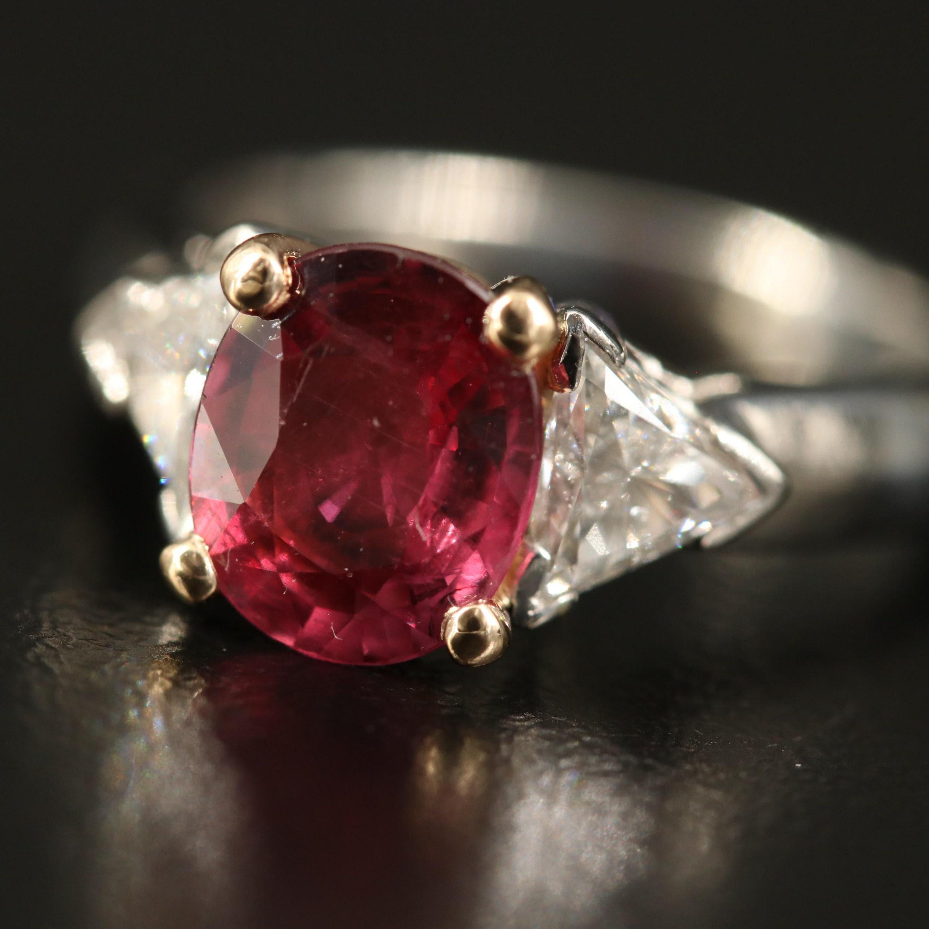 For Sale:  2 Carat OvalCut Ruby Engagement Ring Three Stone White Gold Diamond Wedding Ring 2