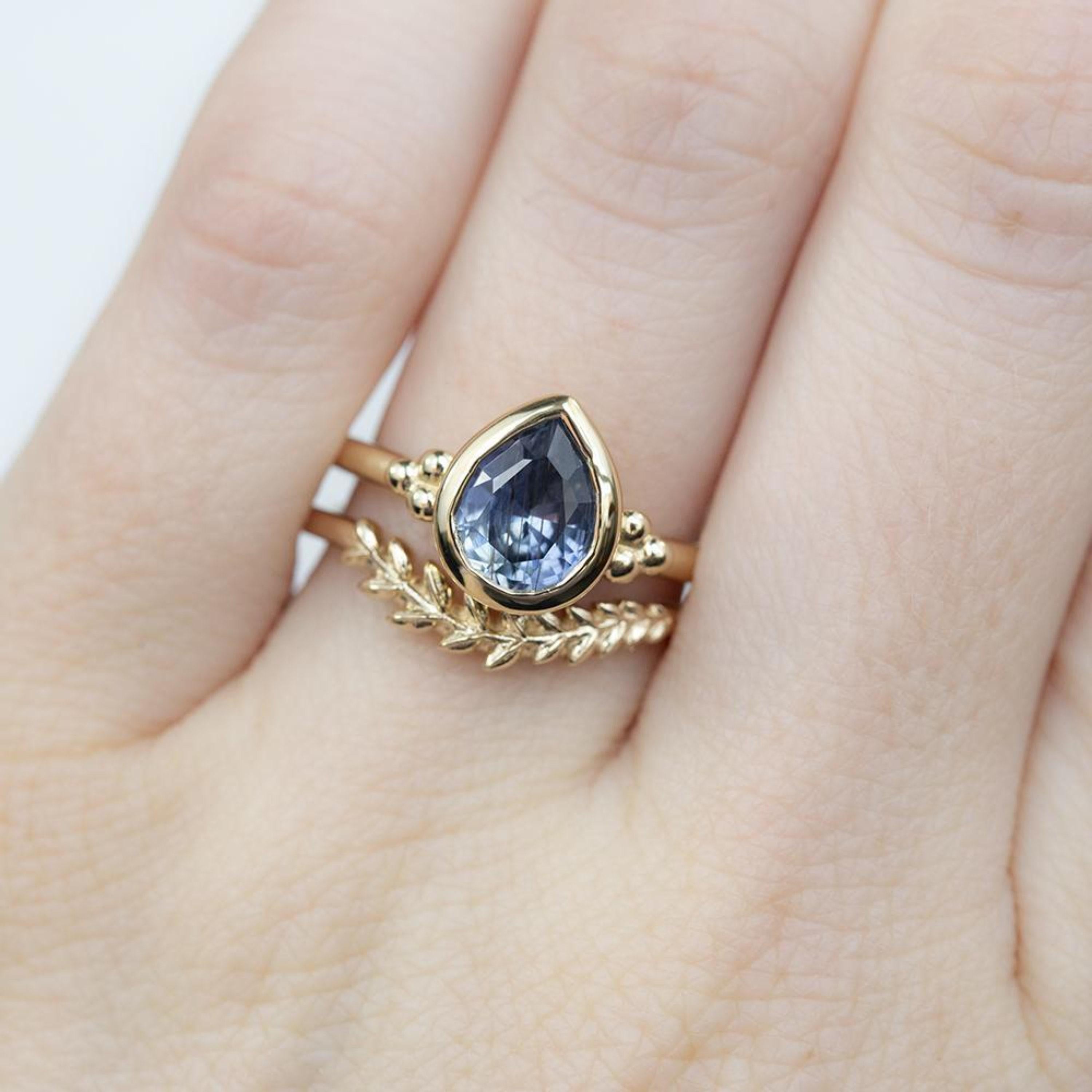 For Sale:  2 Carat Pear Cut Sapphire Low Bezel Engagement Ring Halo Sapphire Wedding Ring 4