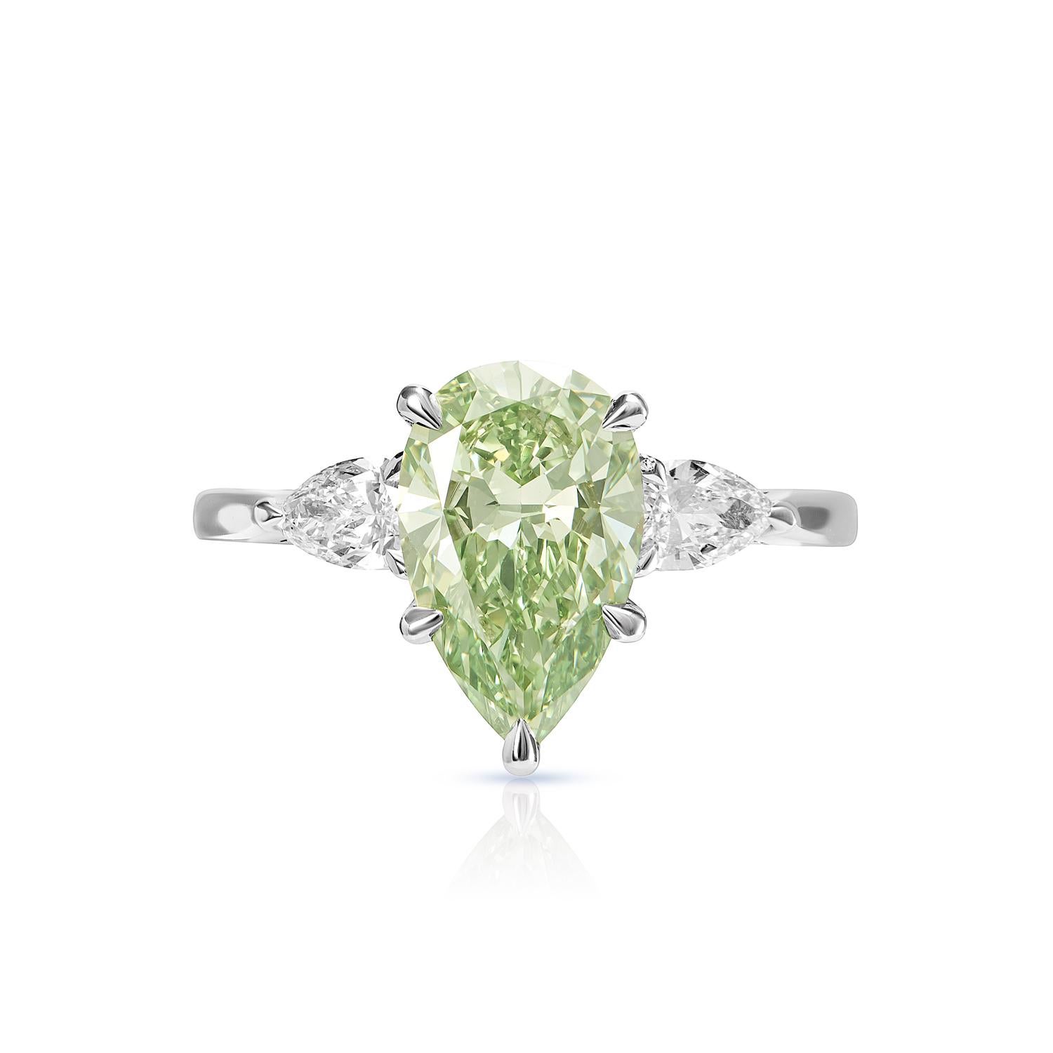 This gorgeous platinum ring is set with a beautiful pear-shaped diamond that sparkles brilliantly. With a weight of 2.02 carats, the stone is of very high quality and has been graded VS2 certified GIA. At its center, the dazzling diamond is accented