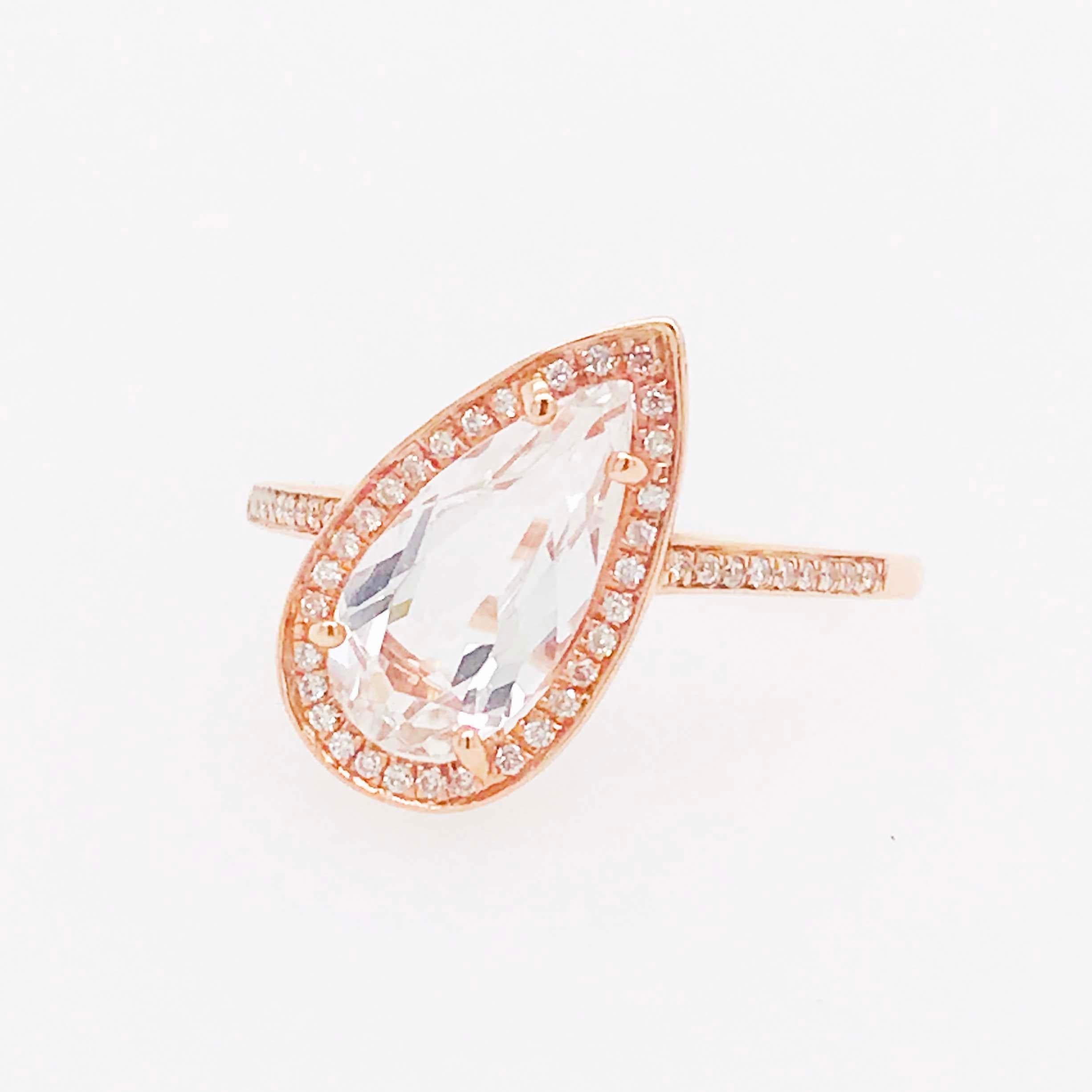 Modern 2 Carat Pear Shape White Topaz and Diamond Halo Rose Gold Engagement Ring