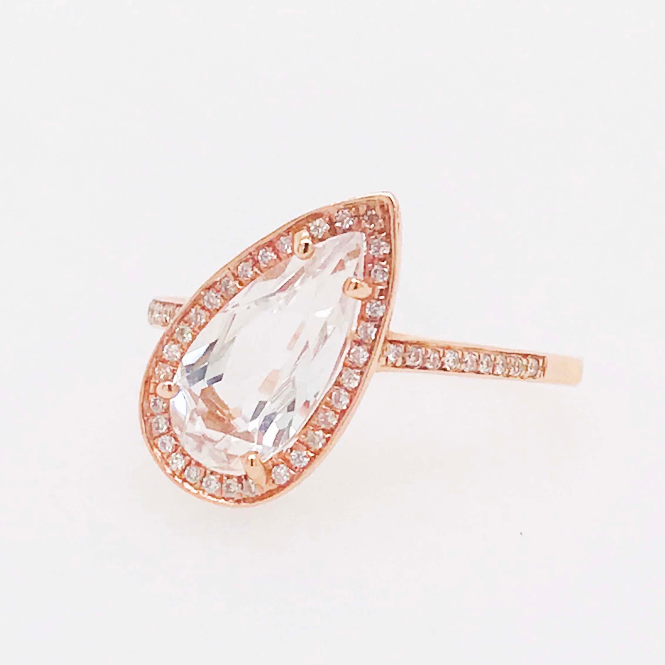 Pear Cut 2 Carat Pear Shape White Topaz and Diamond Halo Rose Gold Engagement Ring