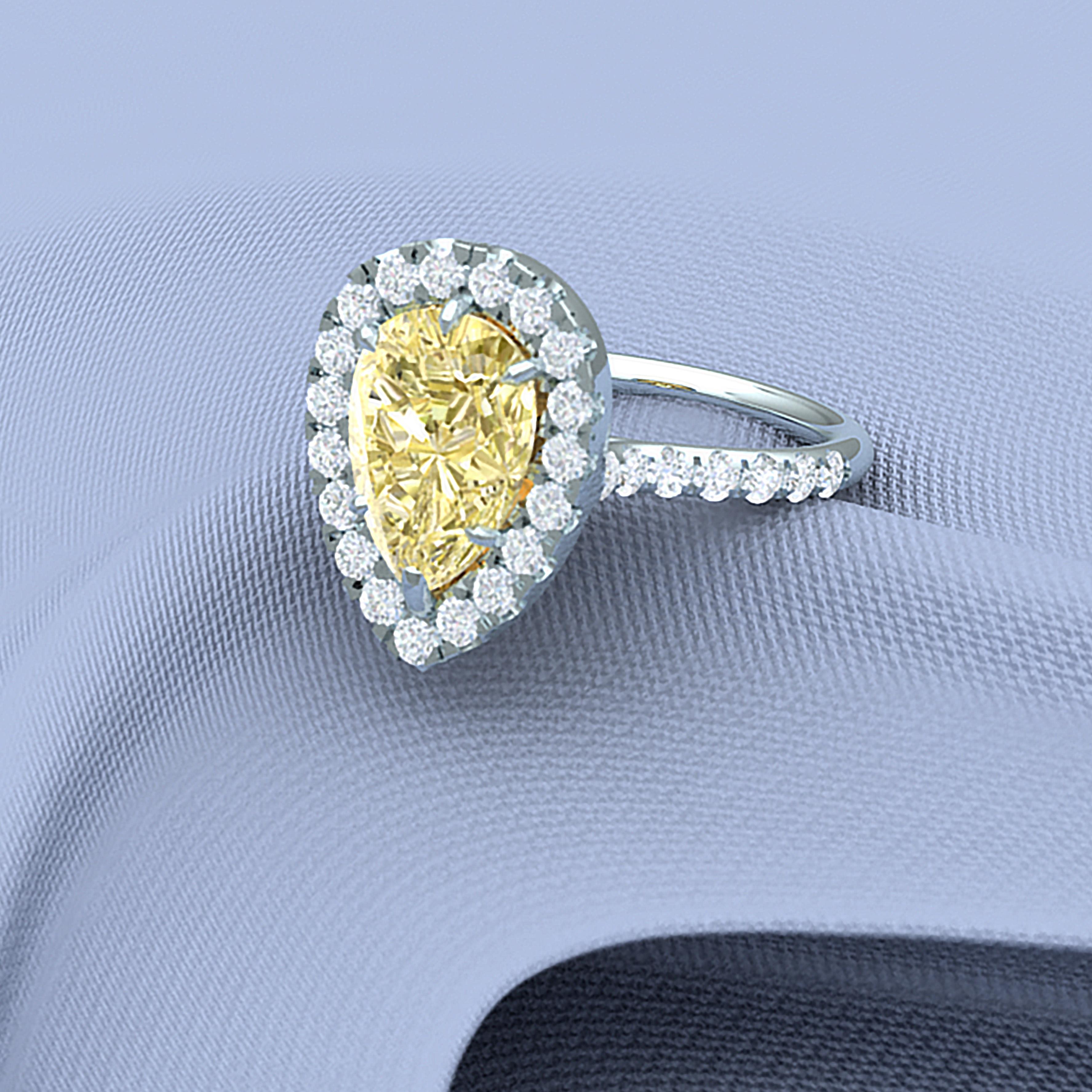 Pear Cut 2 Carat Pear Shape Yellow Diamond Engagement Ring For Sale