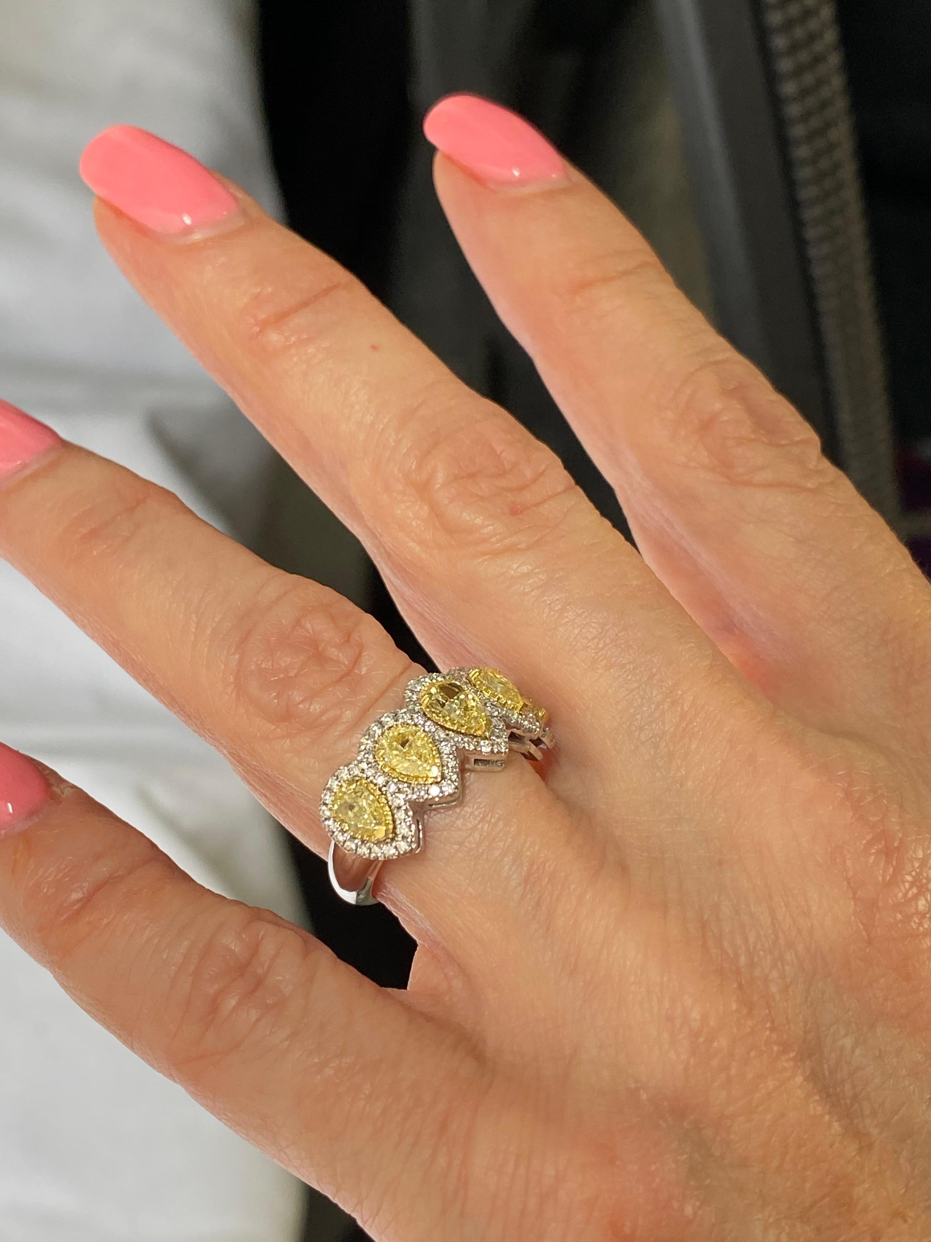 2 Carat Pear Shape Yellow Diamond Halo Wedding Band 14K White Gold For Sale 4