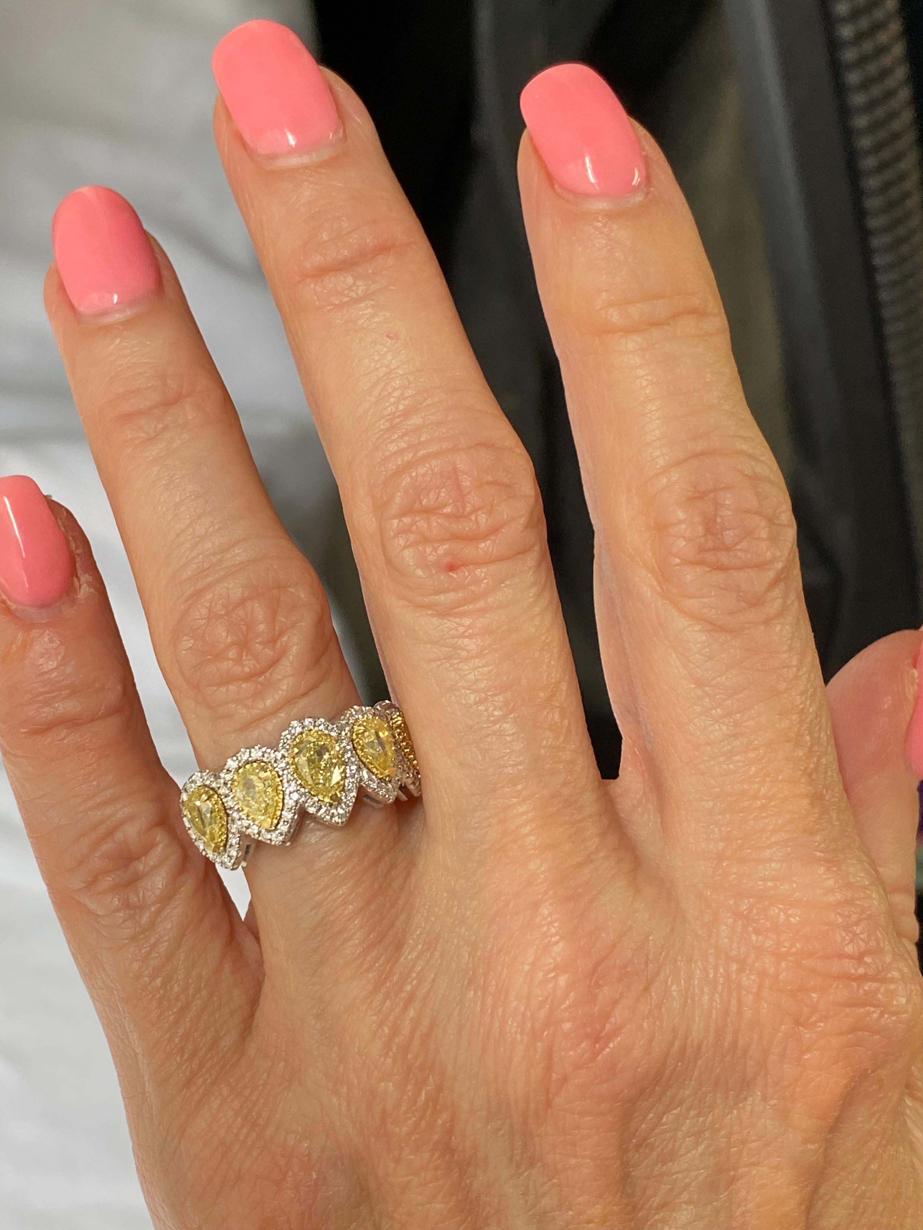 2 Carat Pear Shape Yellow Diamond Halo Wedding Band 14K White Gold For Sale 5