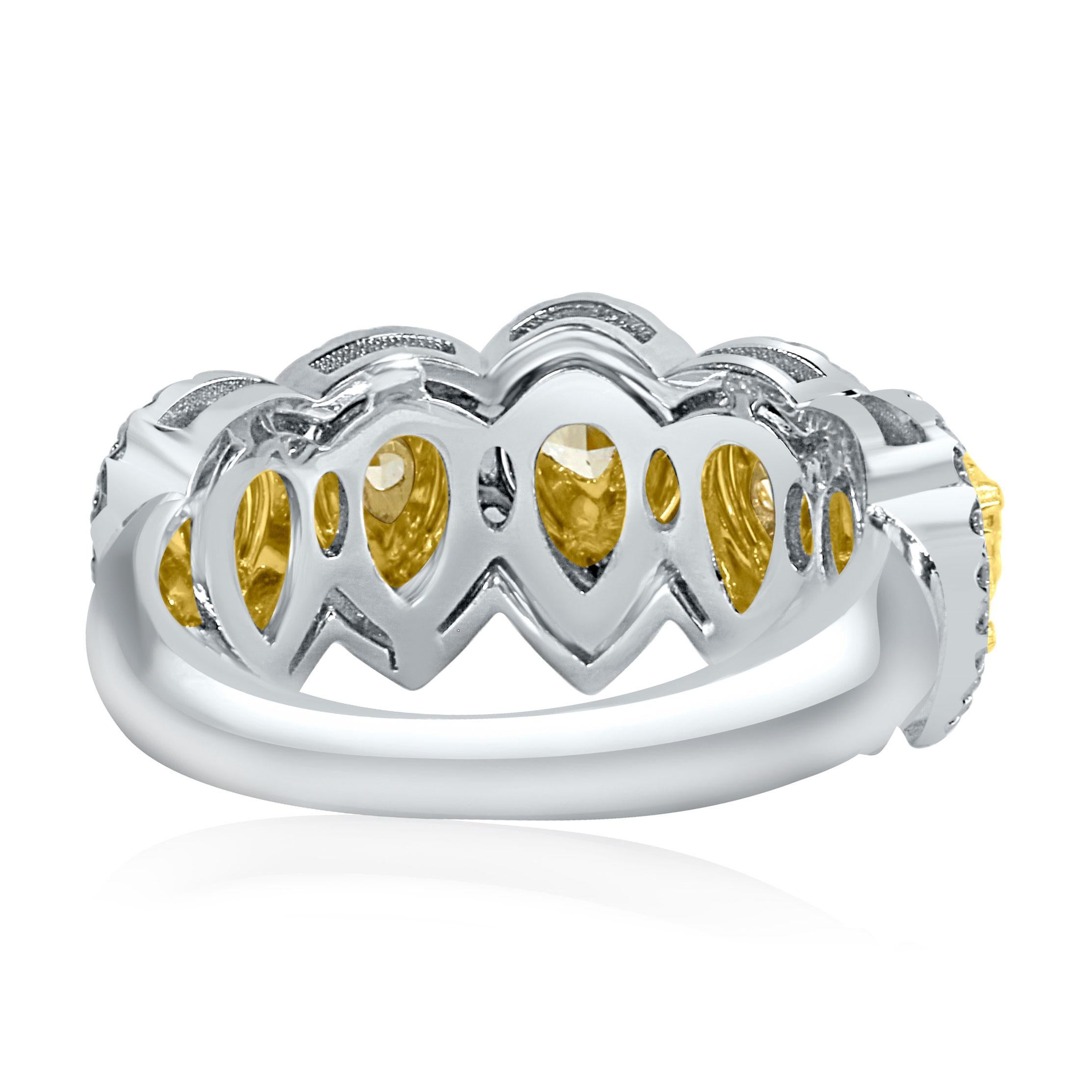 Modern 2 Carat Pear Shape Yellow Diamond Halo Wedding Band 14K White Gold For Sale