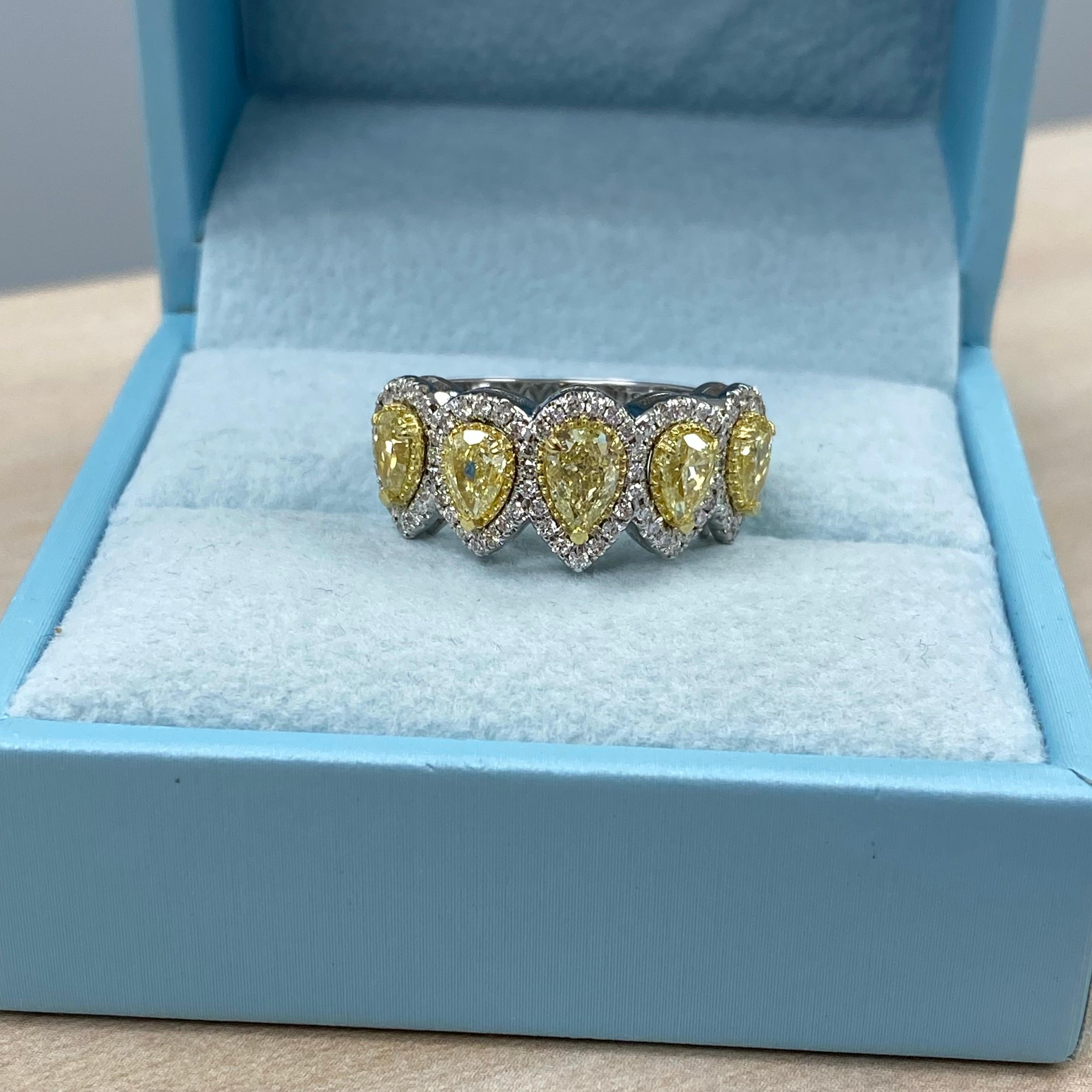 2 Carat Pear Shape Yellow Diamond Halo Wedding Band 14K White Gold In New Condition For Sale In New York, NY