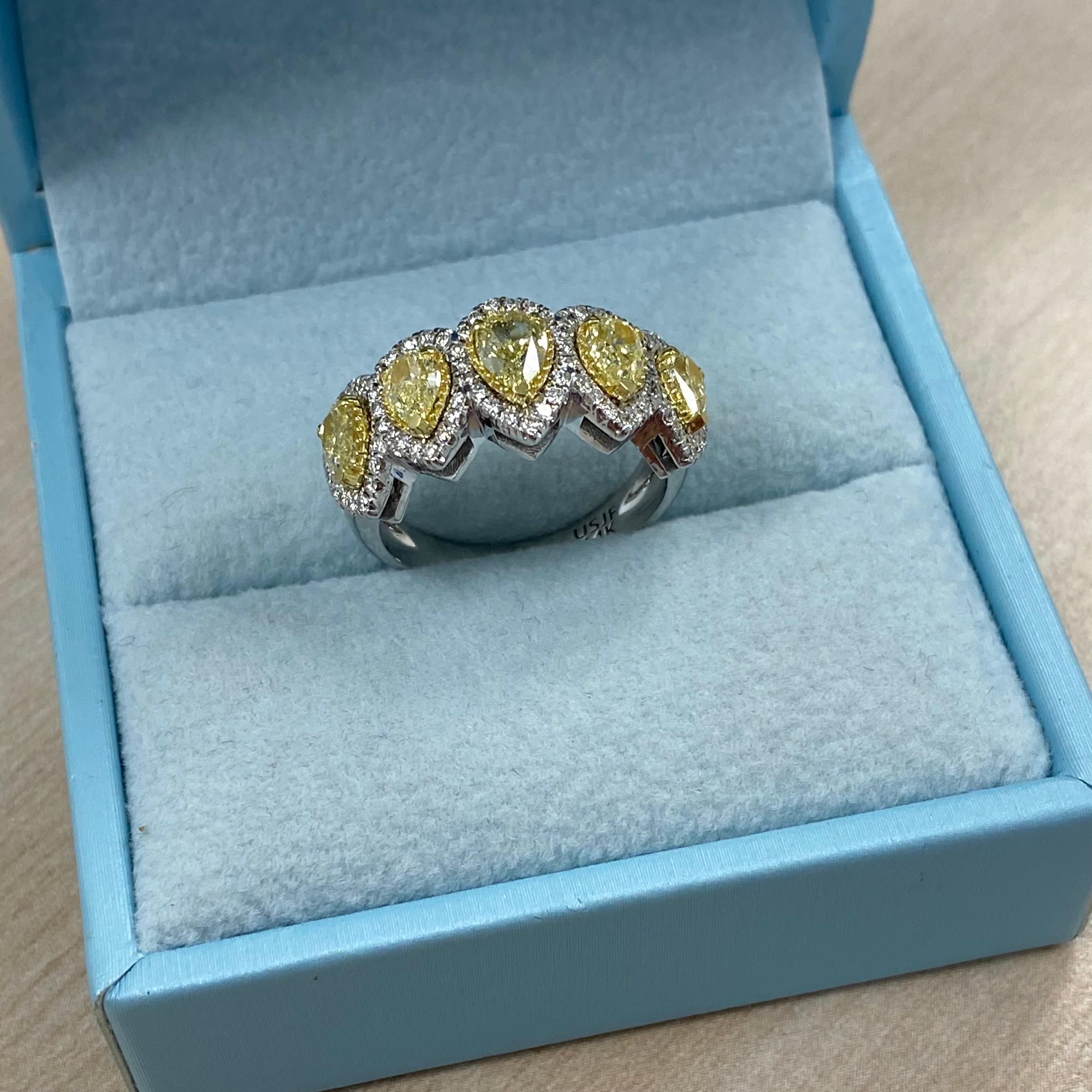 Women's 2 Carat Pear Shape Yellow Diamond Halo Wedding Band 14K White Gold For Sale