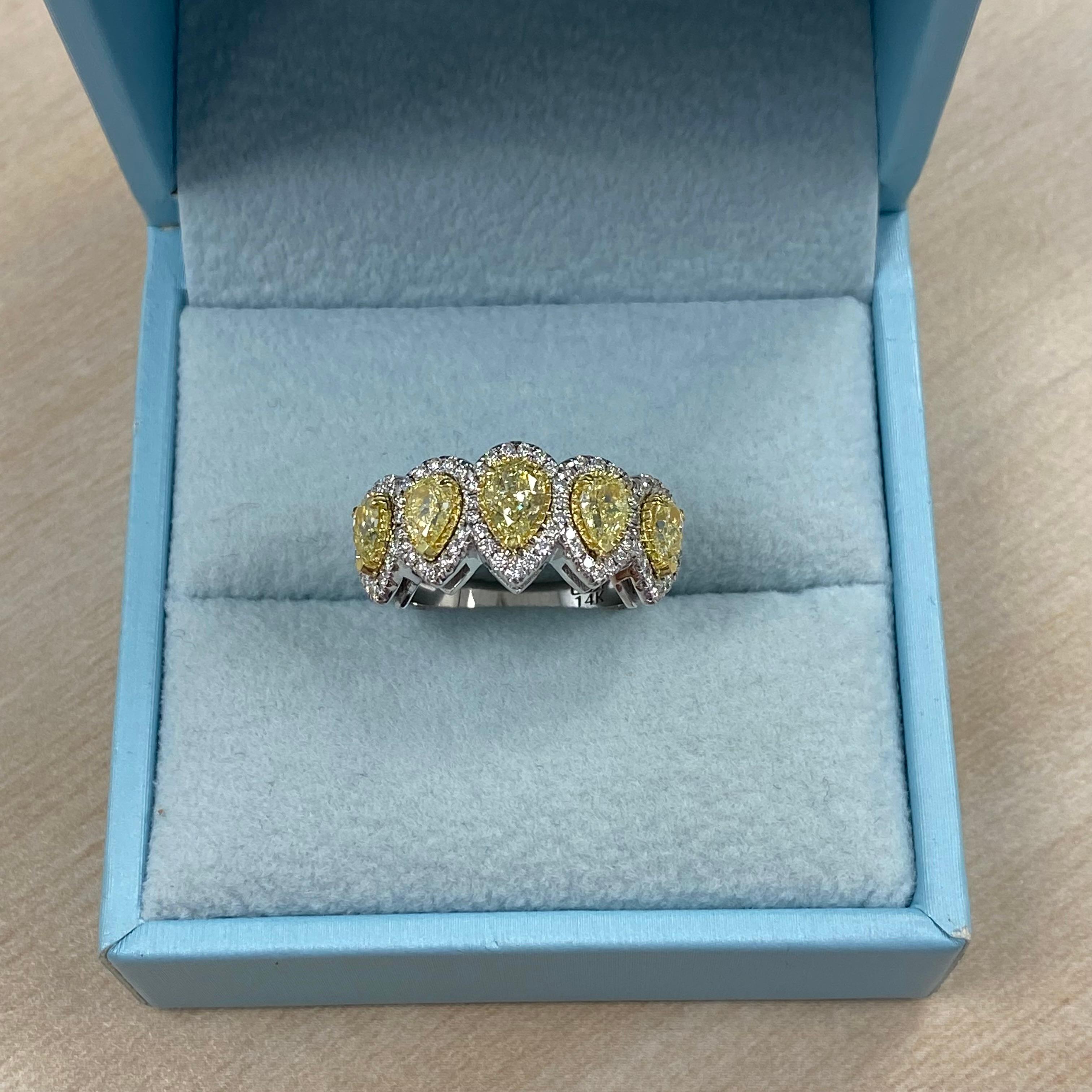 2 Carat Pear Shape Yellow Diamond Halo Wedding Band 14K White Gold For Sale 2