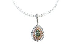 2 Carat Pear Shaped Fancy Light Green Diamond Pink Halo Pendant 18K Gold GIA.