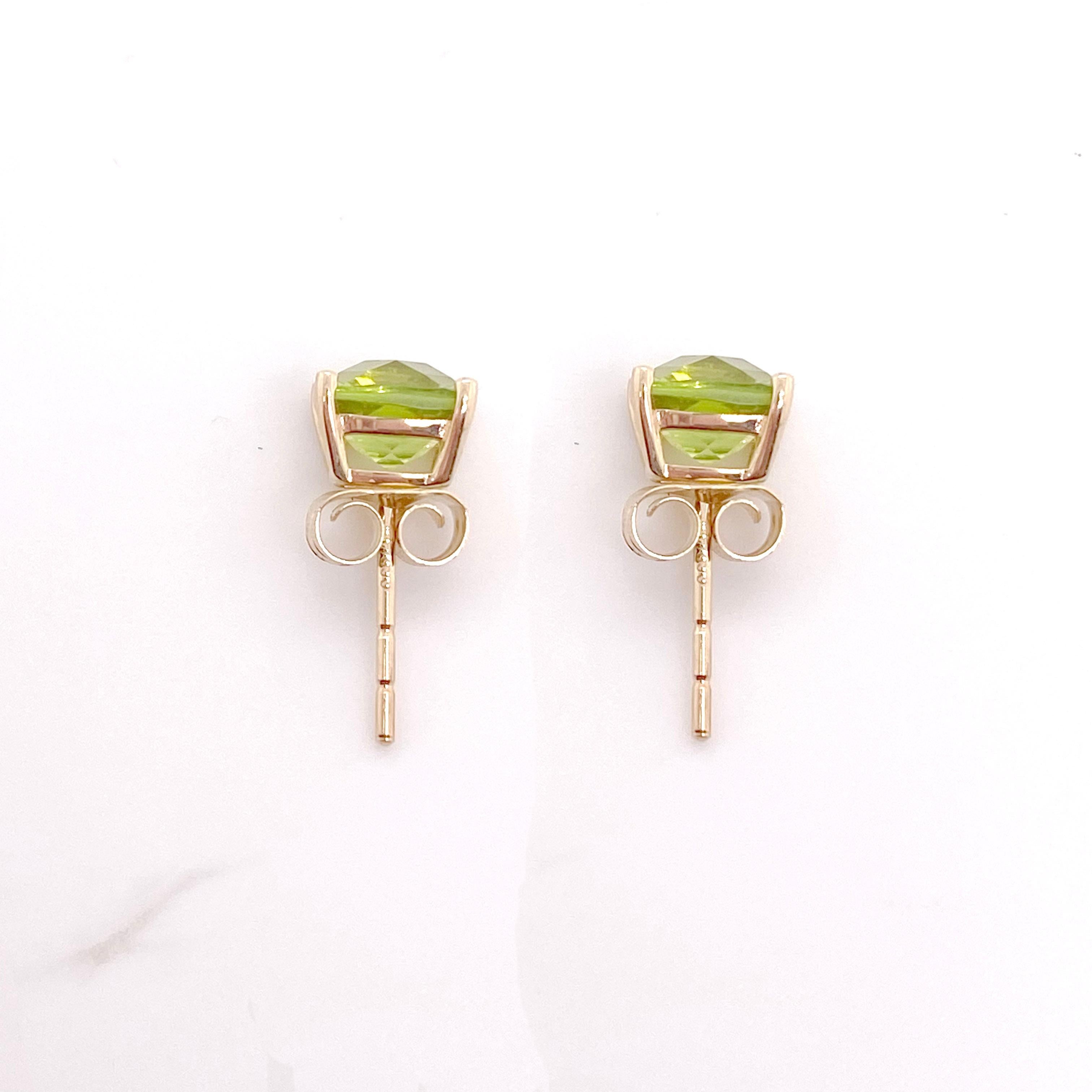 The details for these gorgeous earrings are listed below:
1 Set of 1 Earrings
Metal Quality: 14K Yellow Gold
Post Type: Push Back
Gemstone: Peridot
Gemstone Color: Bright Green
Gemstone Shape: Round 
Peridot Measurements: 7mm
Total Carat Weight: