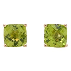  2 Carat Peridot Stud Earrings, Green Cushion Shape, Yellow Gold Studs