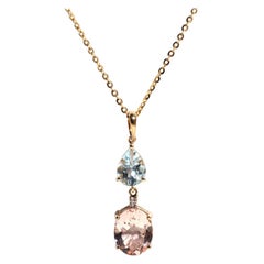 2 Carat Pink Morganite and Blue Pear Aquamarine 9 Carat Drop Pendant and Chain