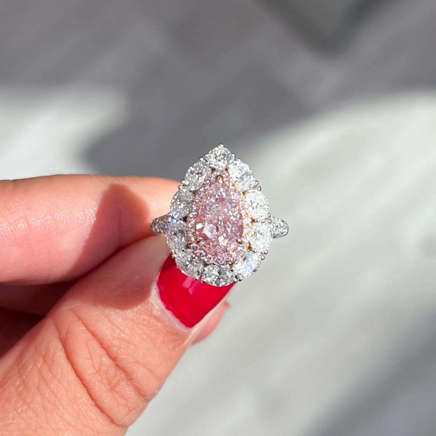 Women's Rare Colors 2 Carat Pink Pear Diamond Cocktail Ring and Pendant For Sale