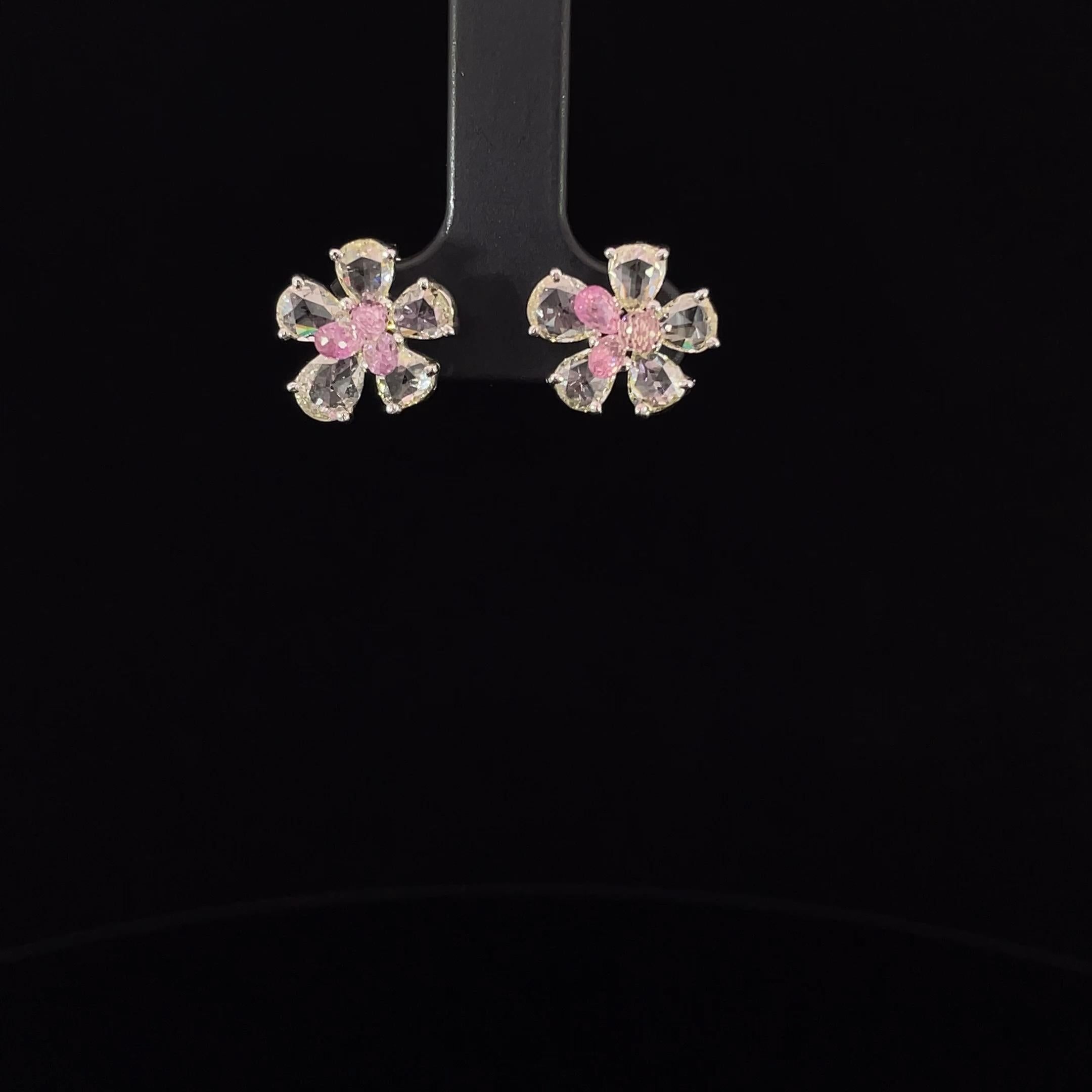 Women's or Men's 2 Carat Pink Tourmaline 2.38 Carat Rose Cut Diamond Studs For Sale