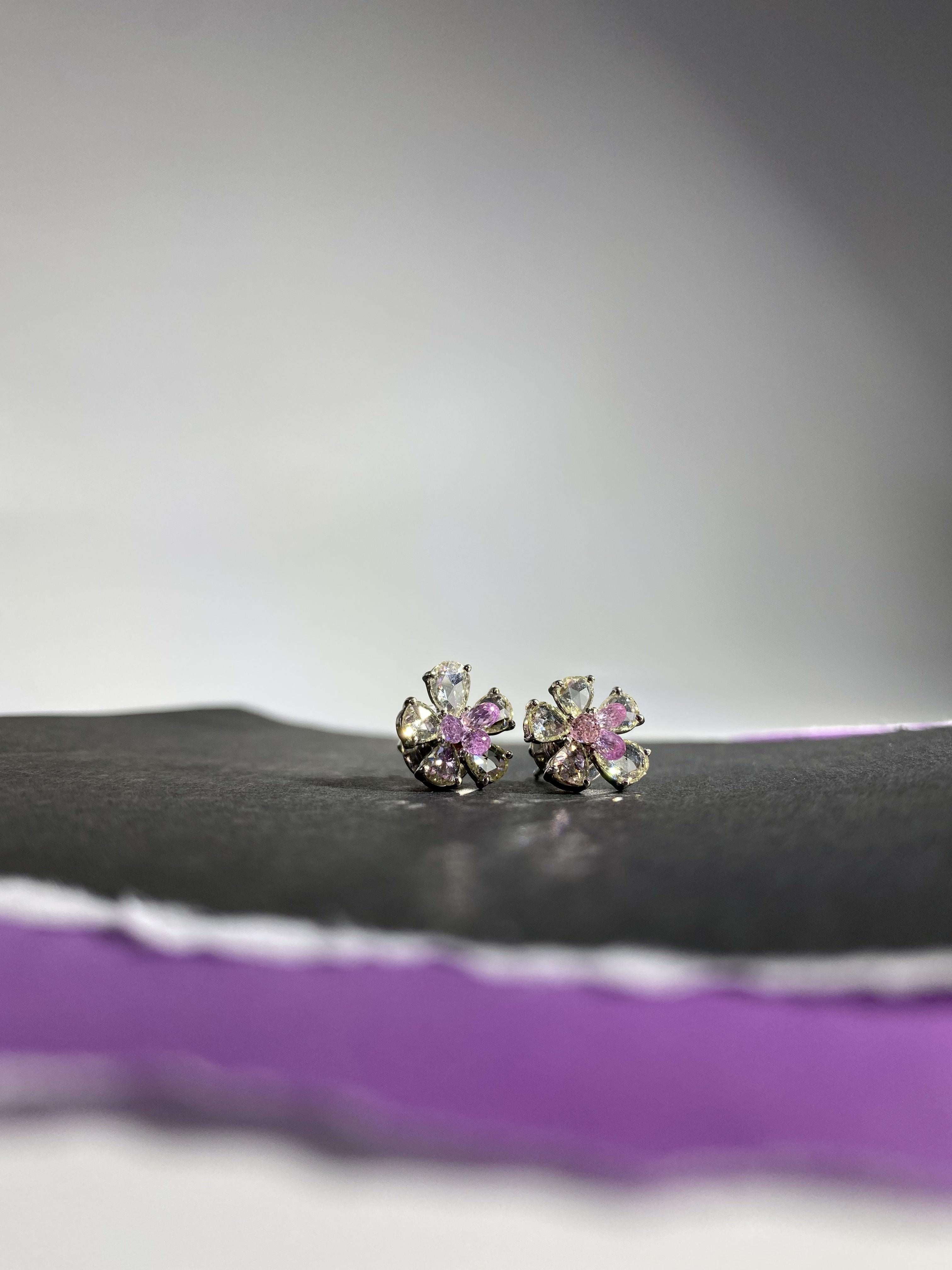 Clous de tourmaline rose 2 carats et diamants taille rose 2,38 carats en vente 2