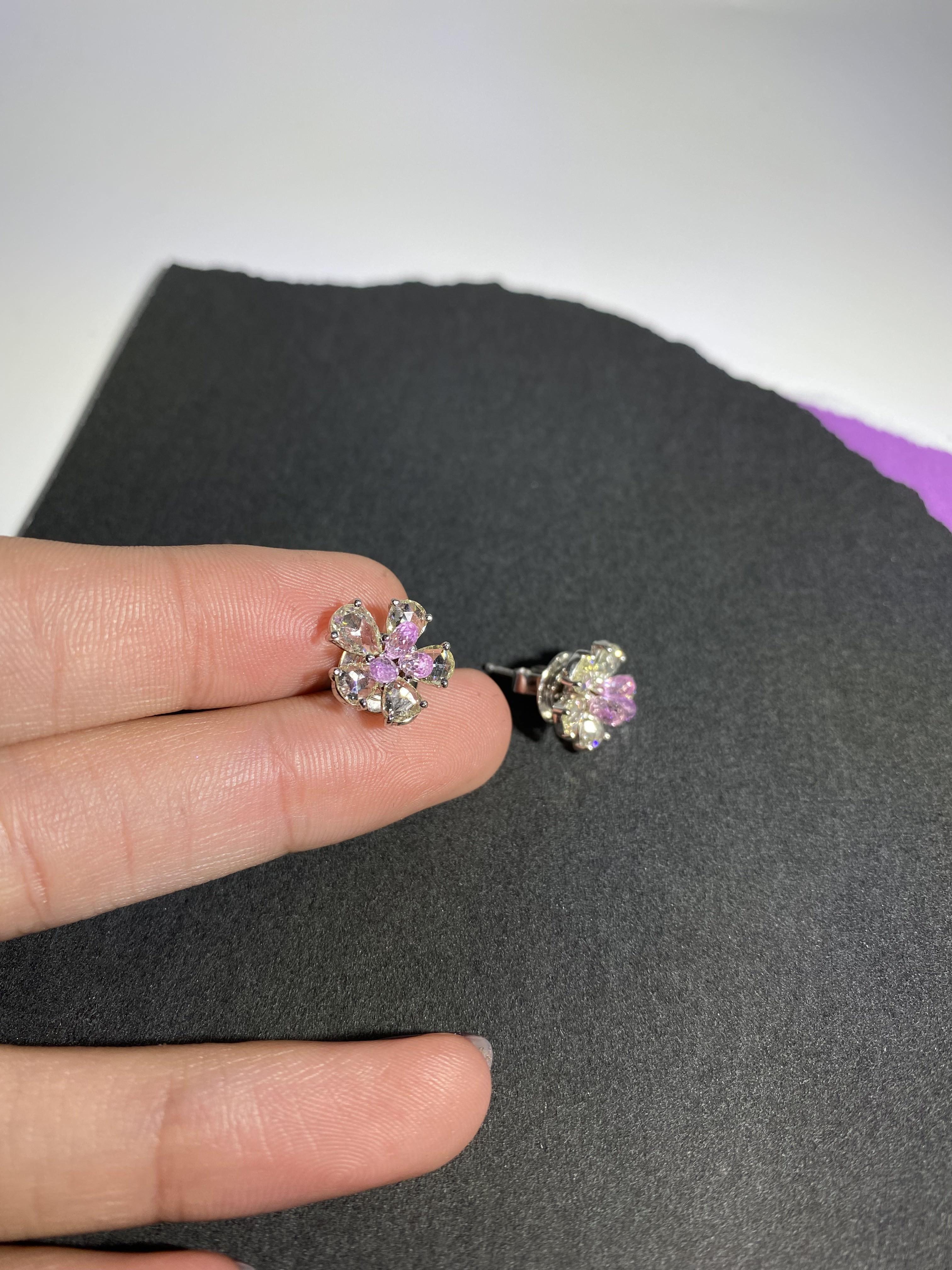 2 Carat Pink Tourmaline 2.38 Carat Rose Cut Diamond Studs For Sale 4