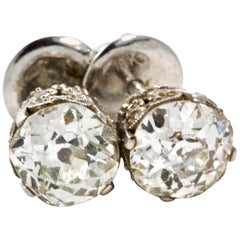 2 Carat Platinum Art Deco OEC Diamond Stud Screw Back Earrings