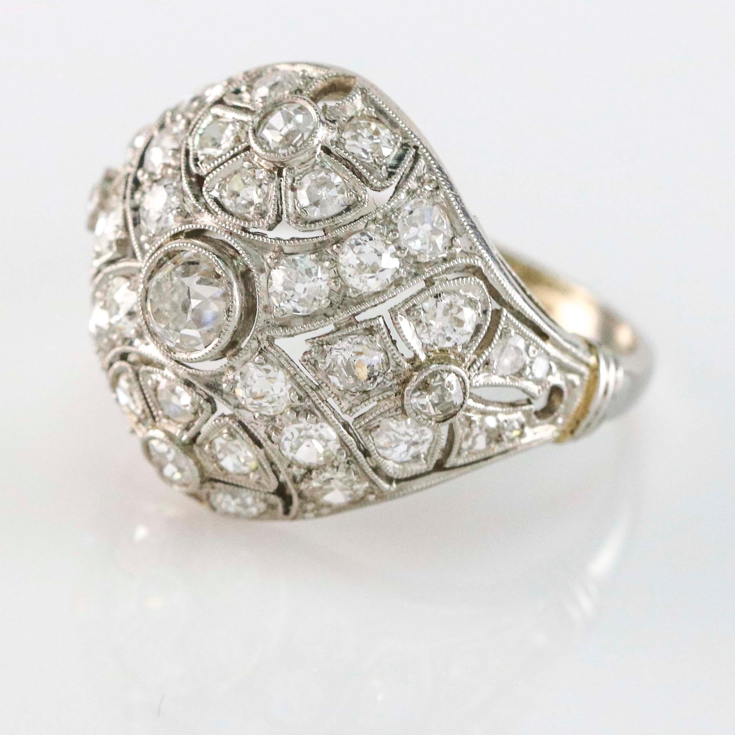 2 Carat Platinum Filigree Edwardian Diamond Dome Ring In Good Condition For Sale In Fort Lauderdale, FL