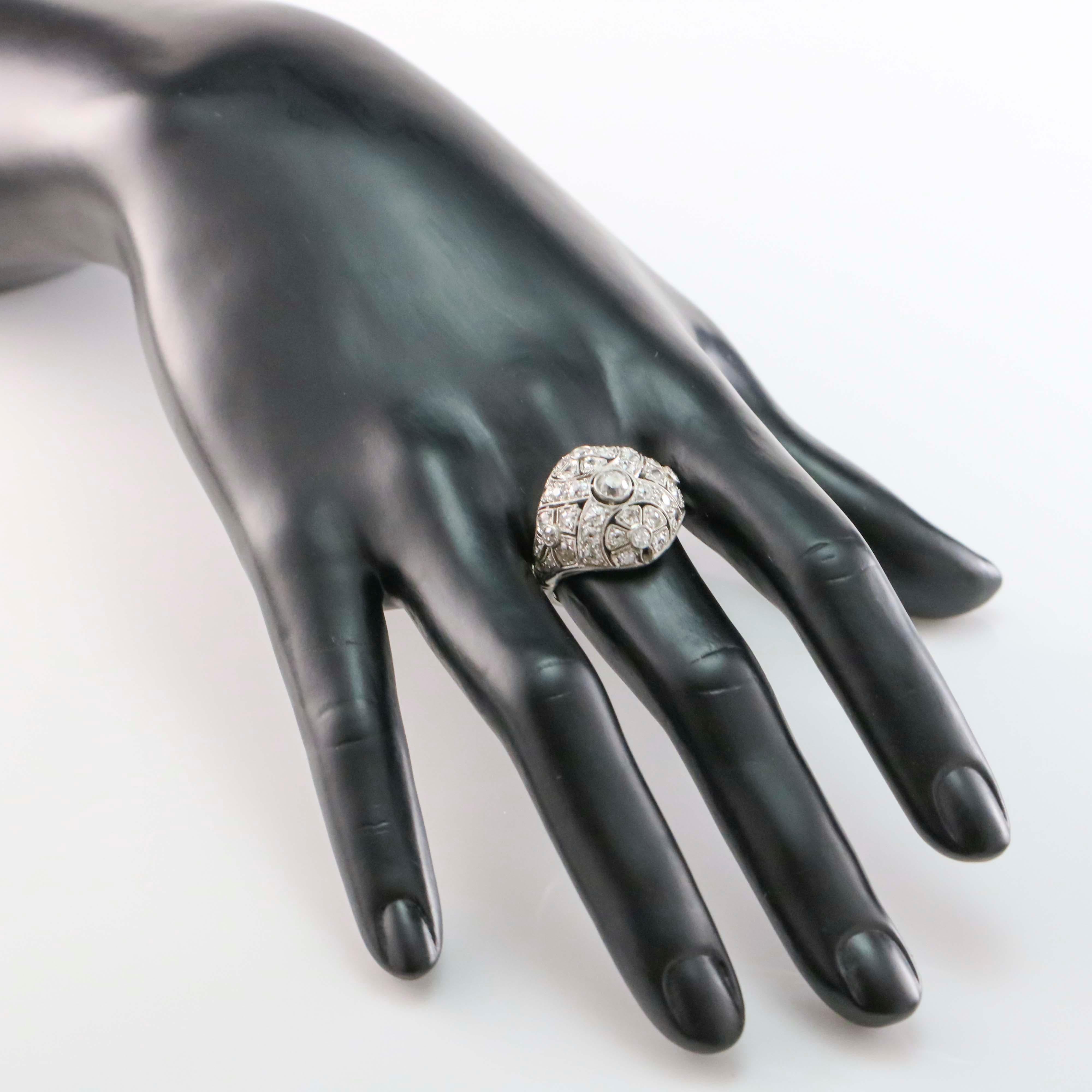 Women's 2 Carat Platinum Filigree Edwardian Diamond Dome Ring For Sale