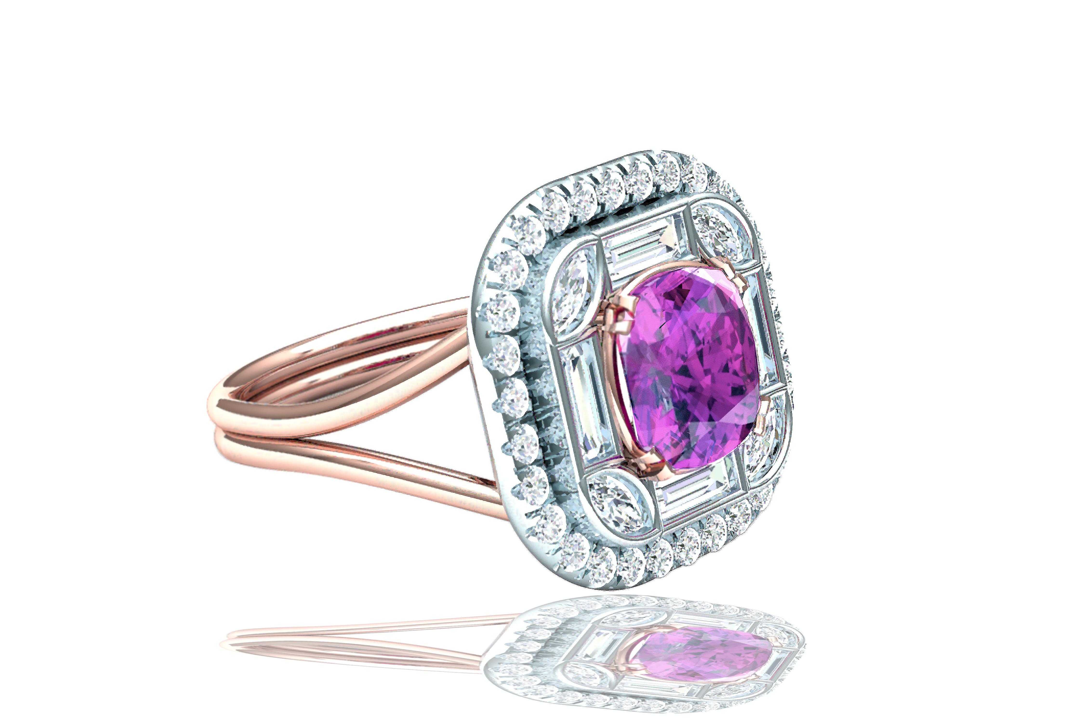 A two tone approach to a beautiful display of modern influence with vintage inspiration.  This ring has a complimented color of purplish pink with stark white diamonds.  The center is a 2.45 carat Pinkish Purple Sapphire which is not Heated or