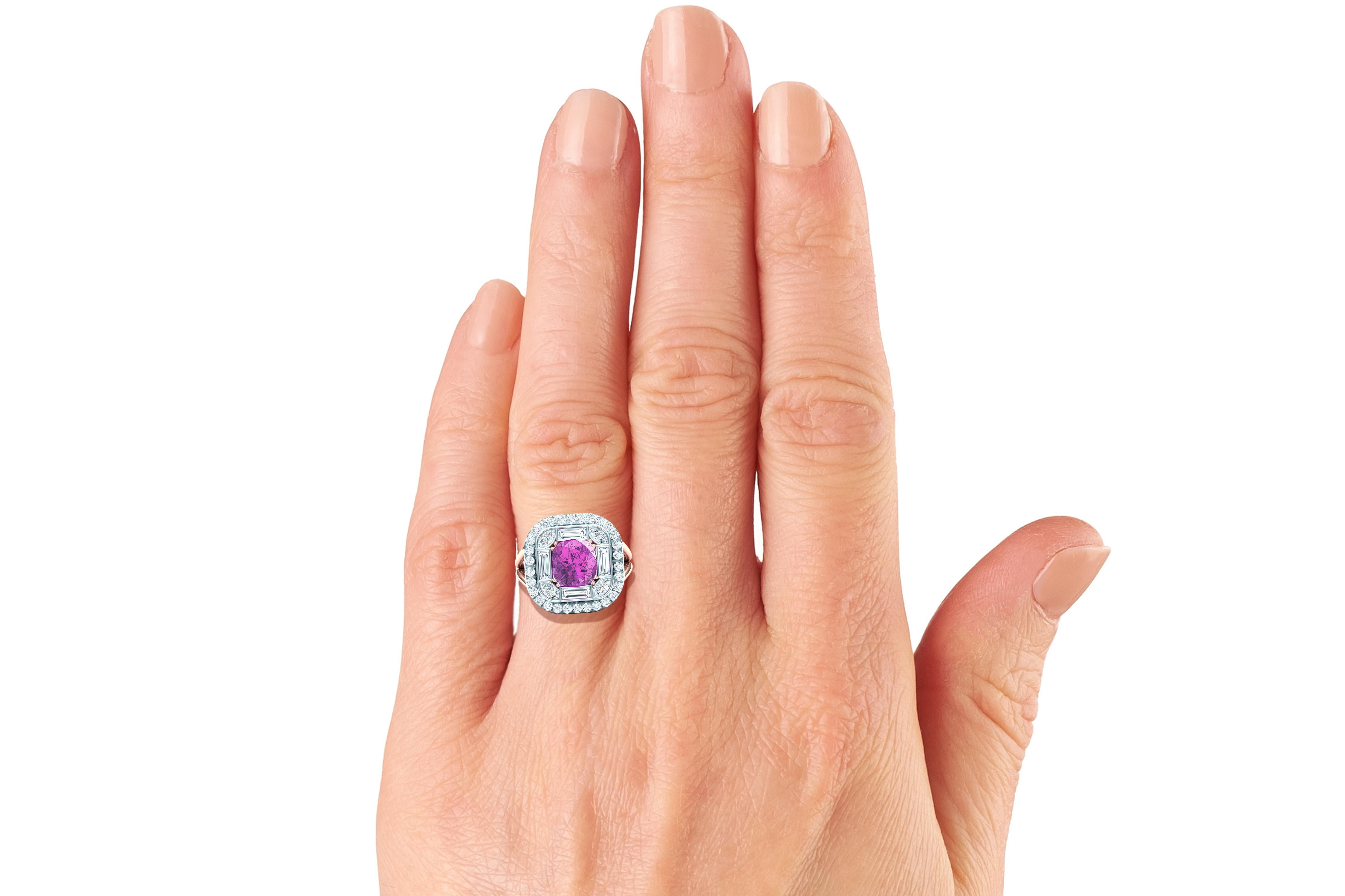 Women's or Men's 2 Carat Purplish Pink Cushion Cut Sapphire Diamond Cocktail Ring For Sale