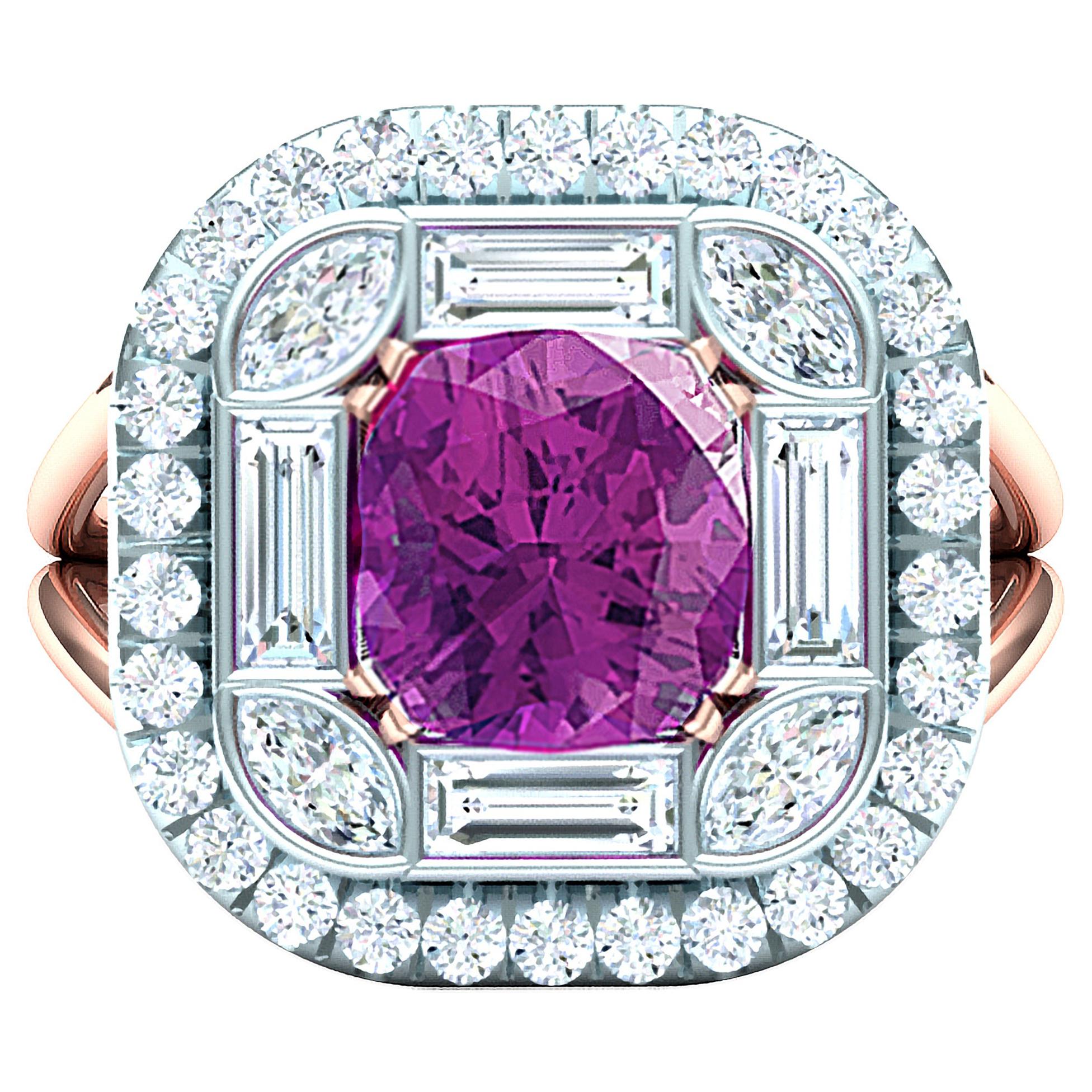 2 Carat Purplish Pink Cushion Cut Sapphire Diamond Cocktail Ring For Sale