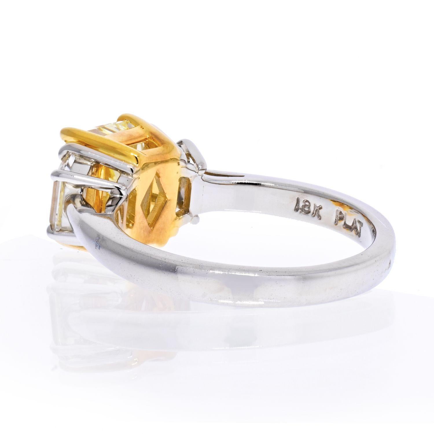Modern 2 Carat Radiant Cut Diamond Fancy Yellow GIA Three Stone Engagement Ring