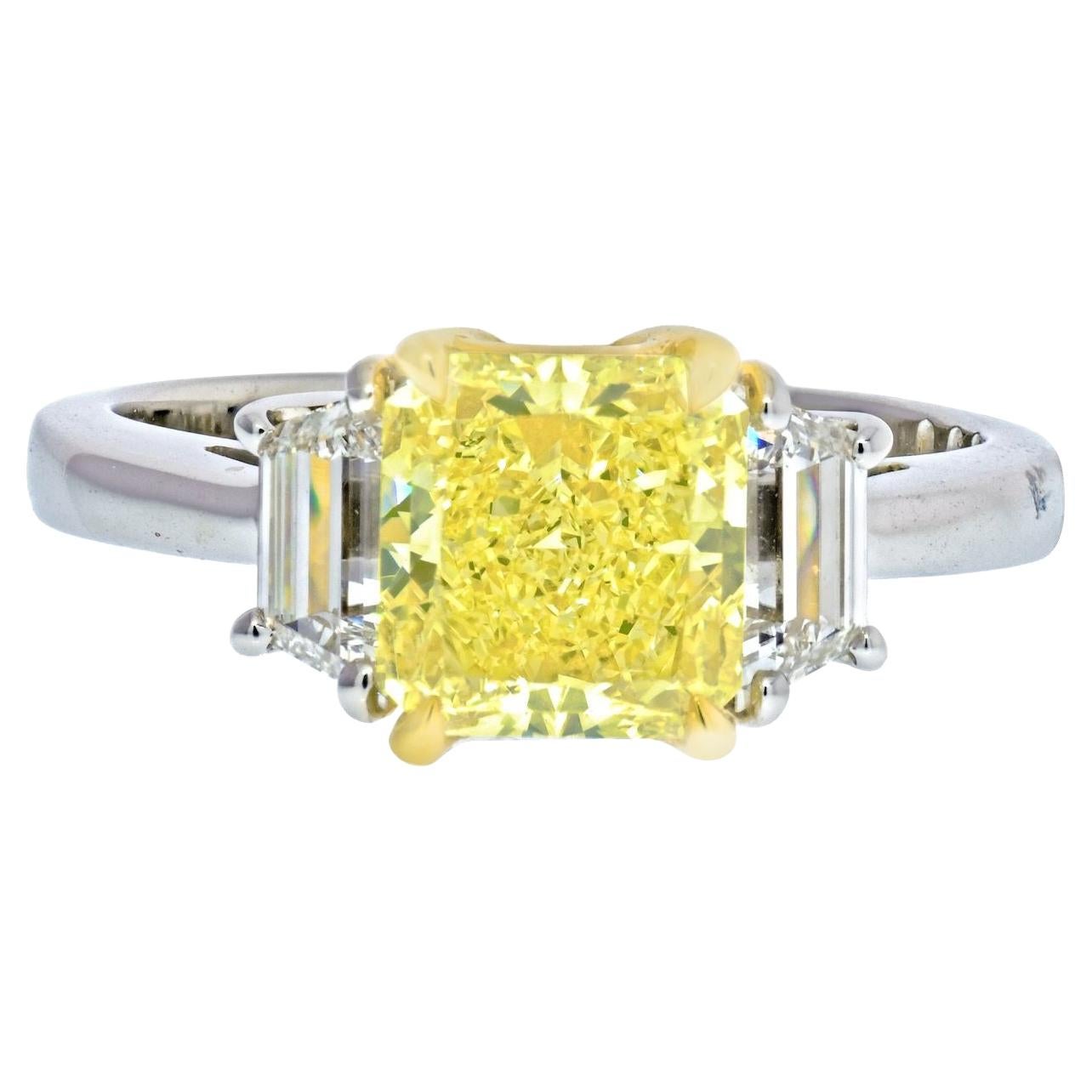 2 Carat Radiant Cut Diamond Fancy Yellow GIA Three Stone Engagement Ring