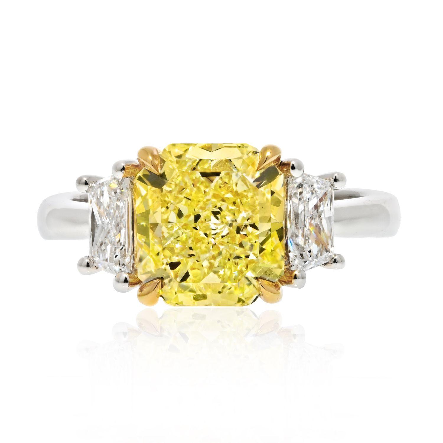 Modern 2 carat Radiant Cut Diamond Fancy Yellow Three Stone Engagement Ring