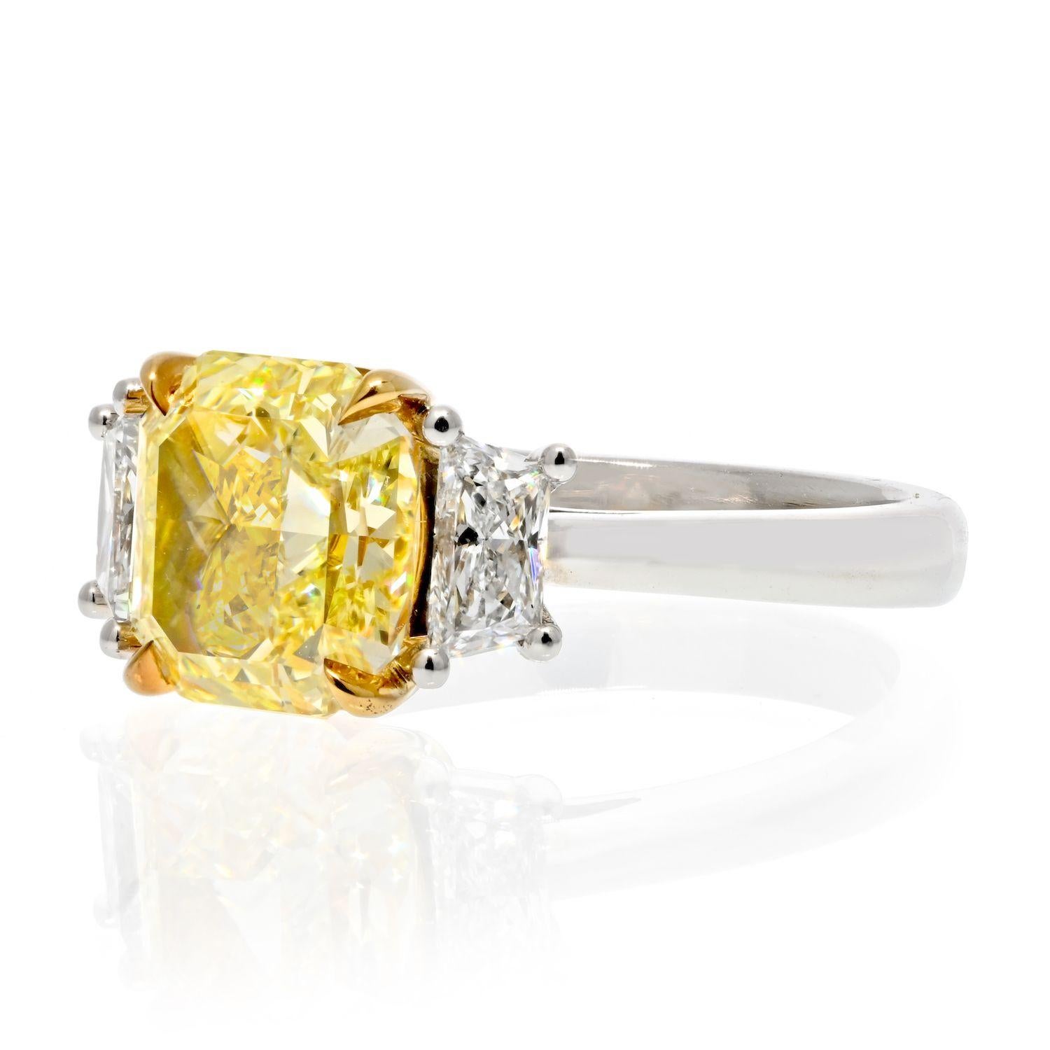 2 carat Radiant Cut Diamond Fancy Yellow Three Stone Engagement Ring In New Condition In New York, NY