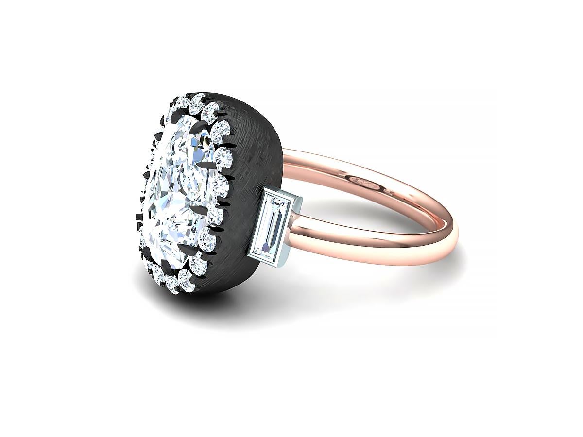 2 carat cushion diamond engagement ring.  The center stone is a GIA certified cushion brilliant that exhibits a color and clarity of J-SI-1.  The center stone sits inside a diamond halo set in blackened silver and sits atop a custom rose and white