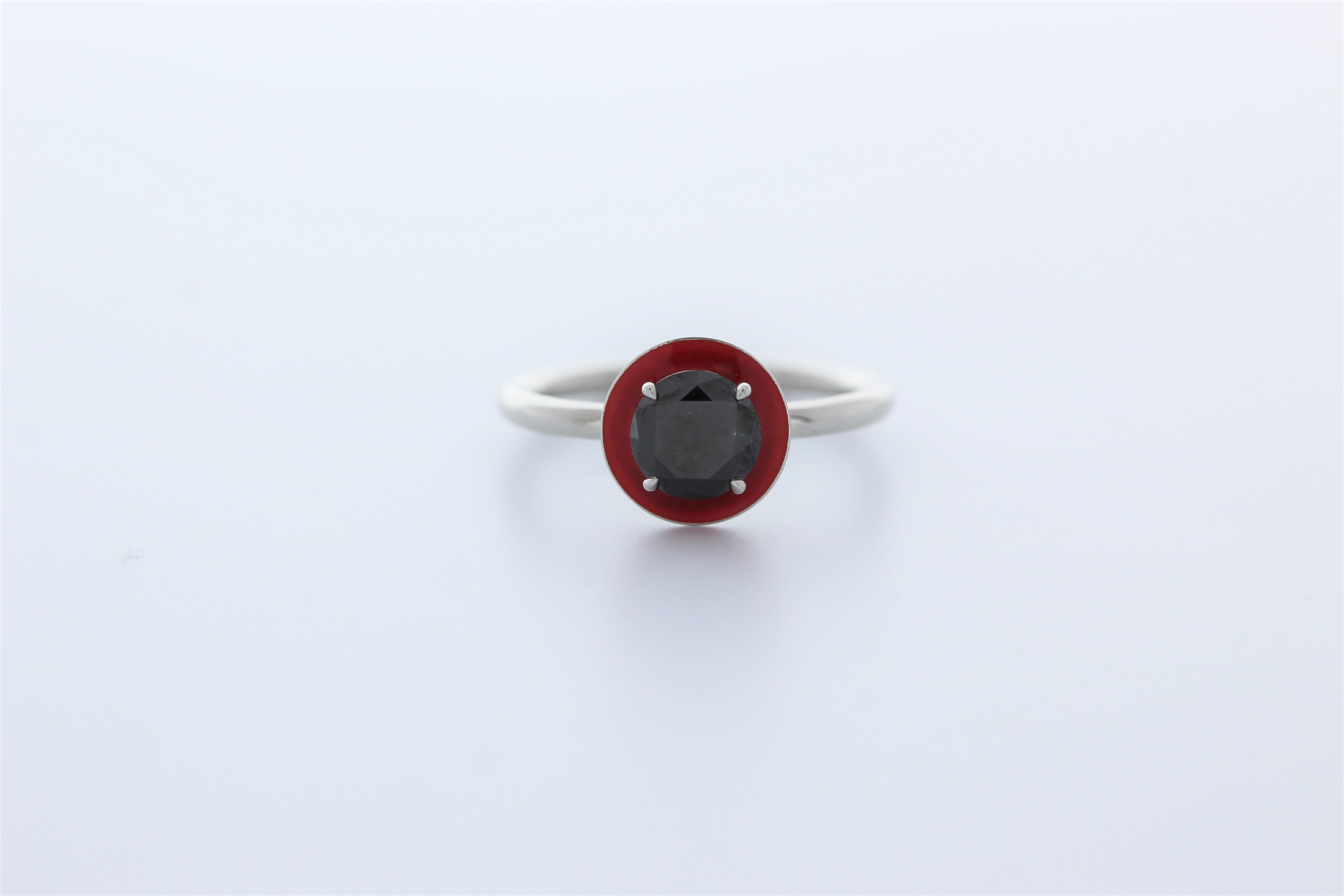 Round Cut 2 Carat Red Halo Black Diamond Ring in Platinum  For Sale