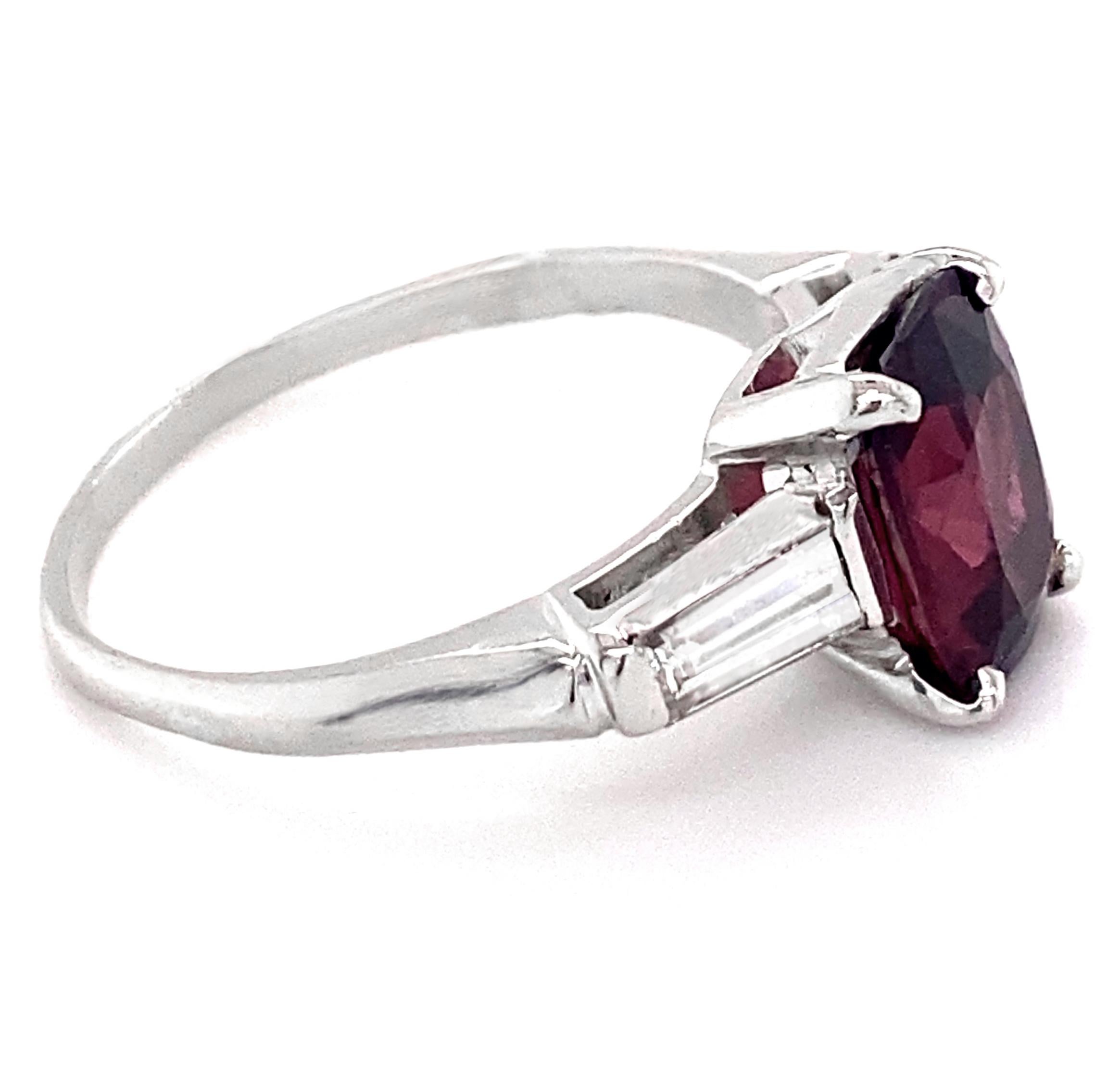 2 Carat Red Spinel Set in Classic Platinum 3-Stone Ring with Diamond Baguettes 2