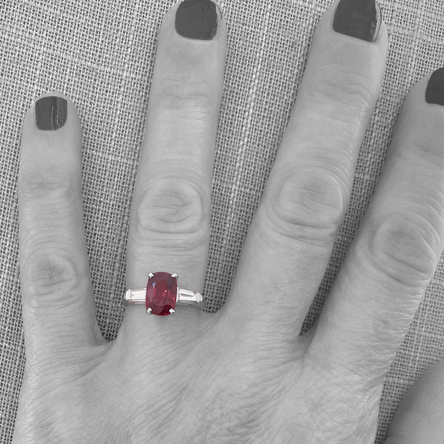 Contemporary 2 Carat Red Spinel Set in Classic Platinum 3-Stone Ring with Diamond Baguettes