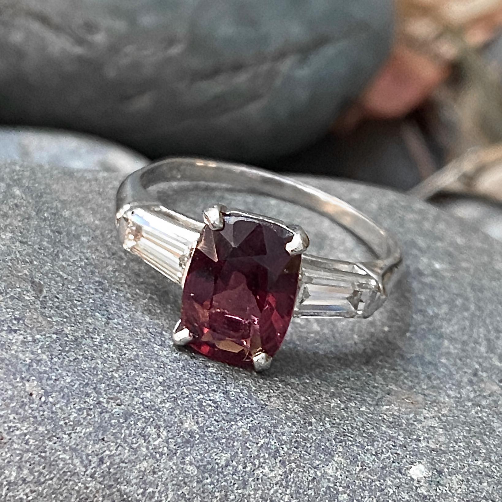 Cushion Cut 2 Carat Red Spinel Set in Classic Platinum 3-Stone Ring with Diamond Baguettes
