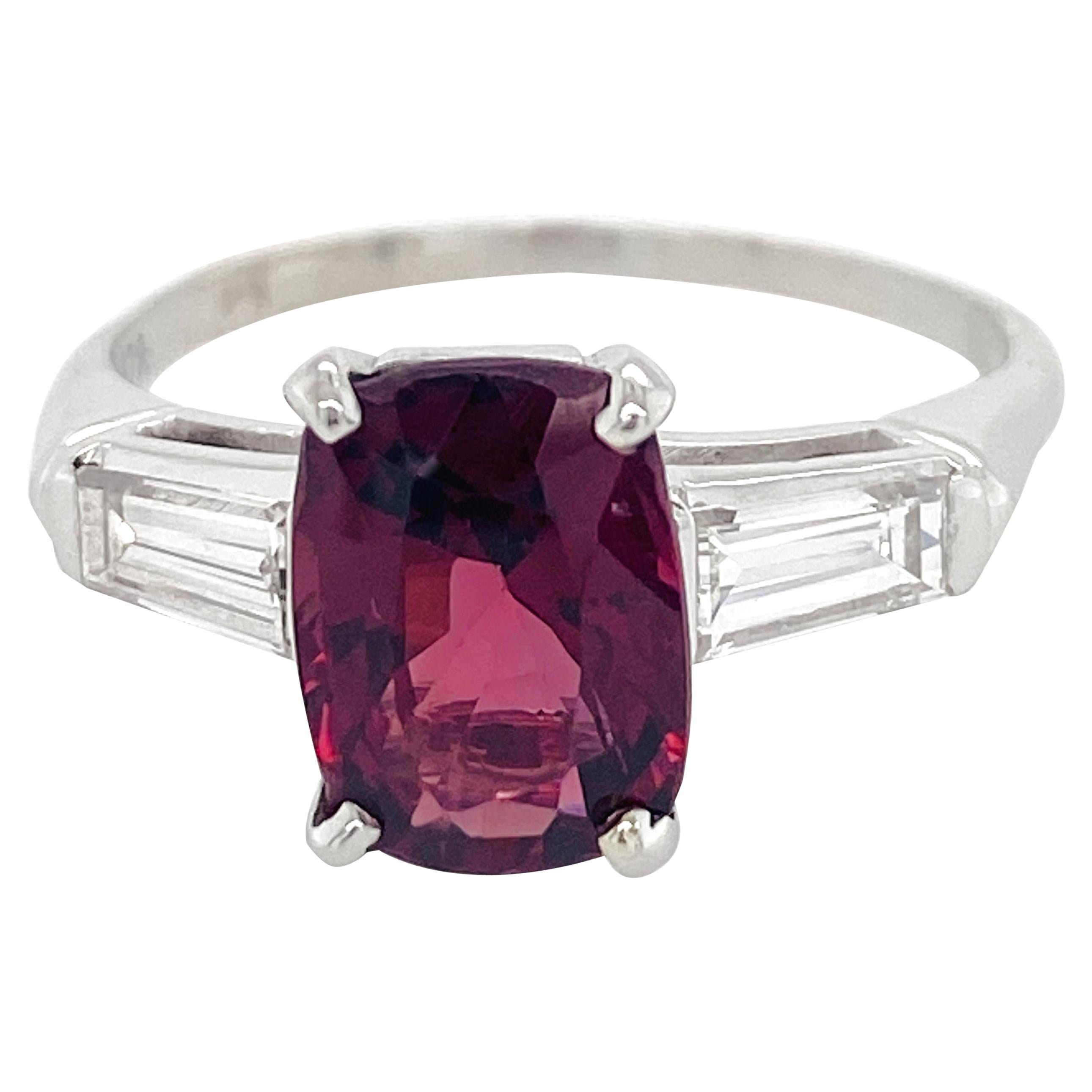 2 Carat Red Spinel Set in Classic Platinum 3-Stone Ring with Diamond Baguettes