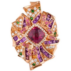2 Carat Rhodolite with Color Gemstones and Diamond Ring in 18 Karat Rose Gold