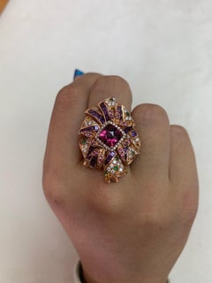 2 Carat Rhodolite with Color Gemstones and Diamond Ring in 18 Karat Rose Gold