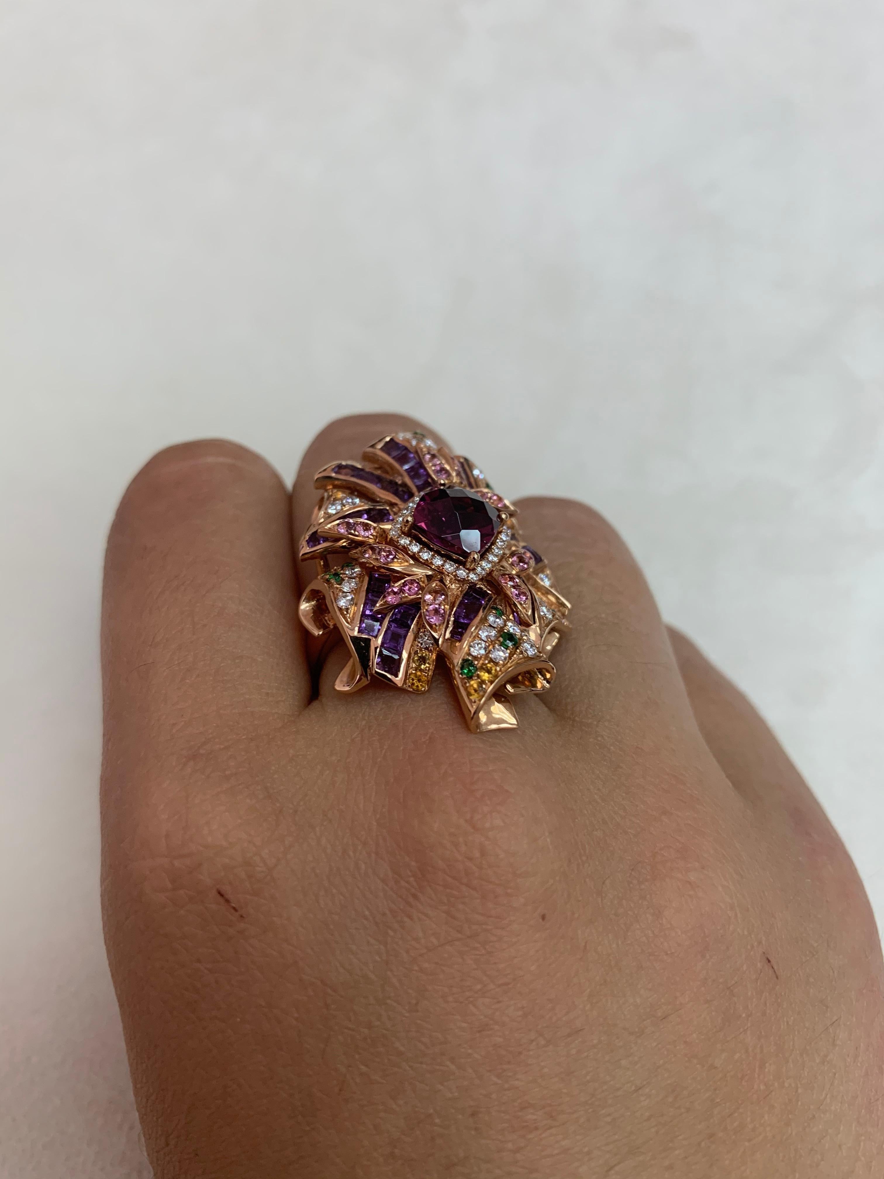 Cushion Cut 2 Carat Rhodolite with Color Gemstones and Diamond Ring in 18 Karat Rose Gold