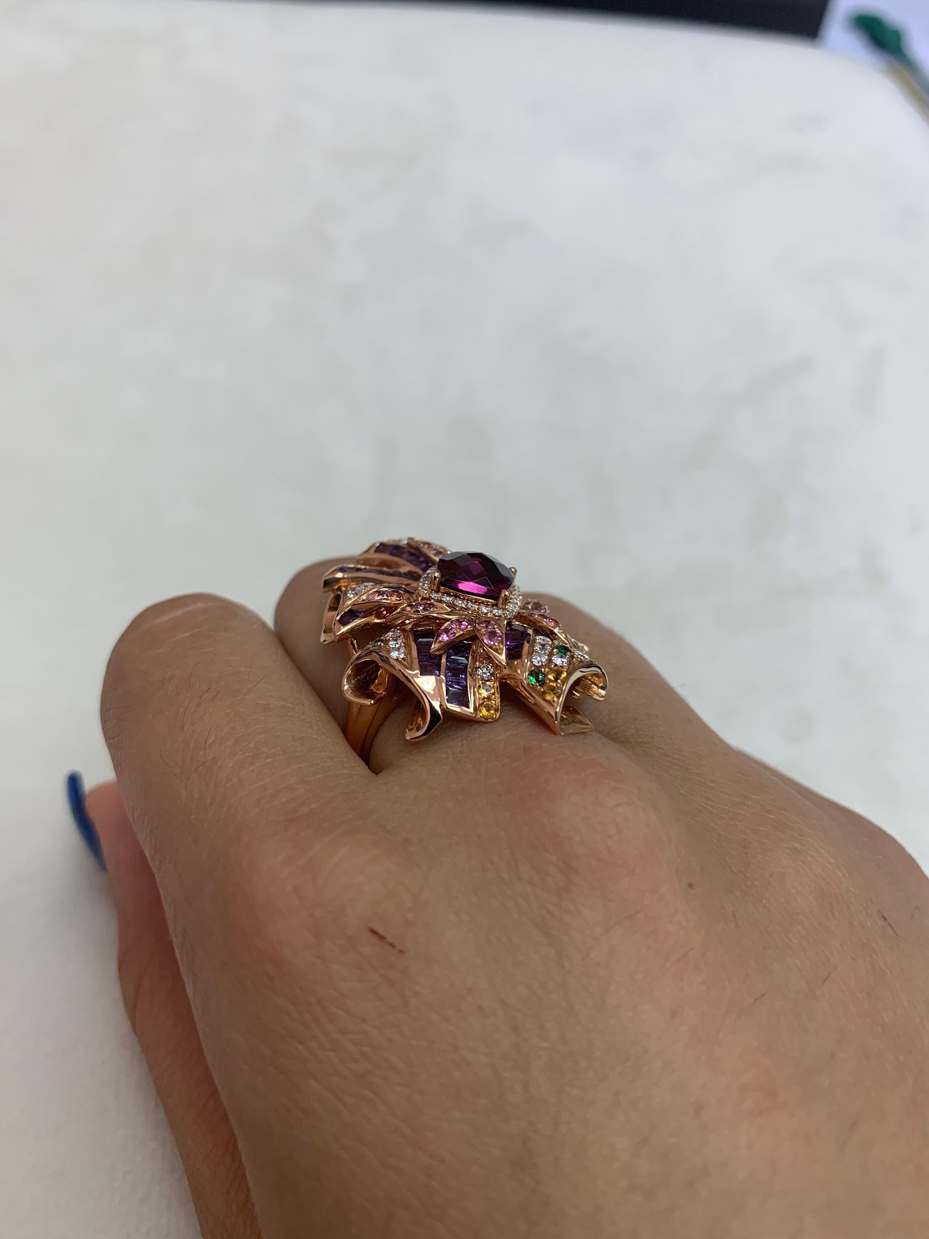 Women's 2 Carat Rhodolite with Color Gemstones and Diamond Ring in 18 Karat Rose Gold