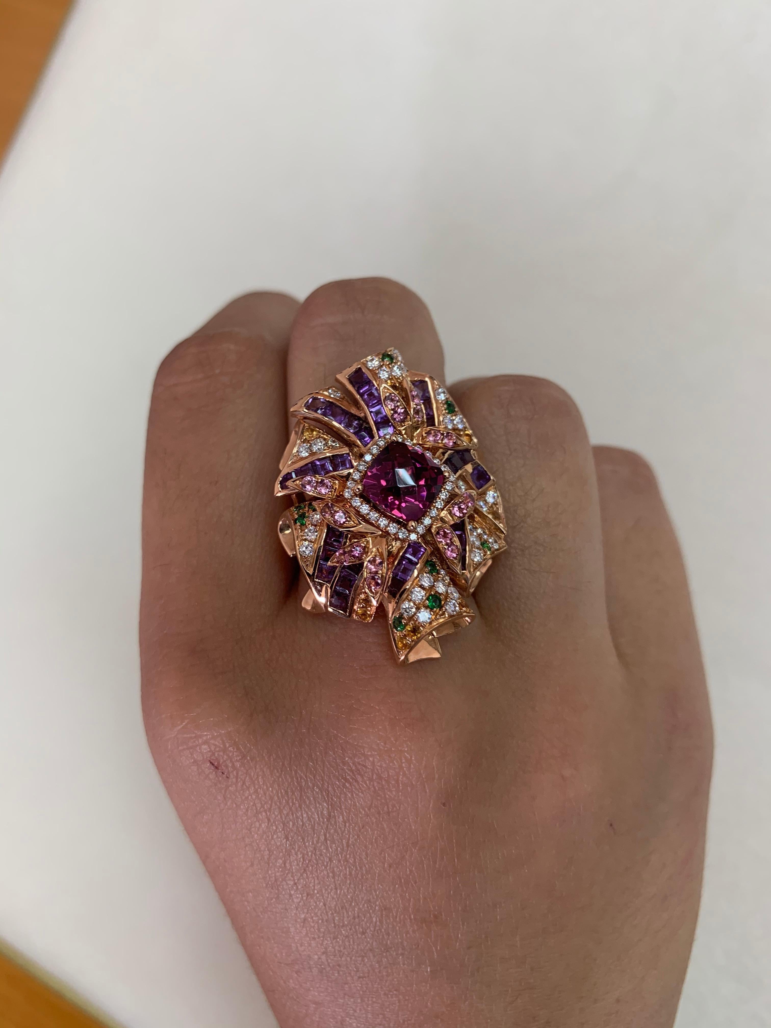 2 Carat Rhodolite with Color Gemstones and Diamond Ring in 18 Karat Rose Gold 2