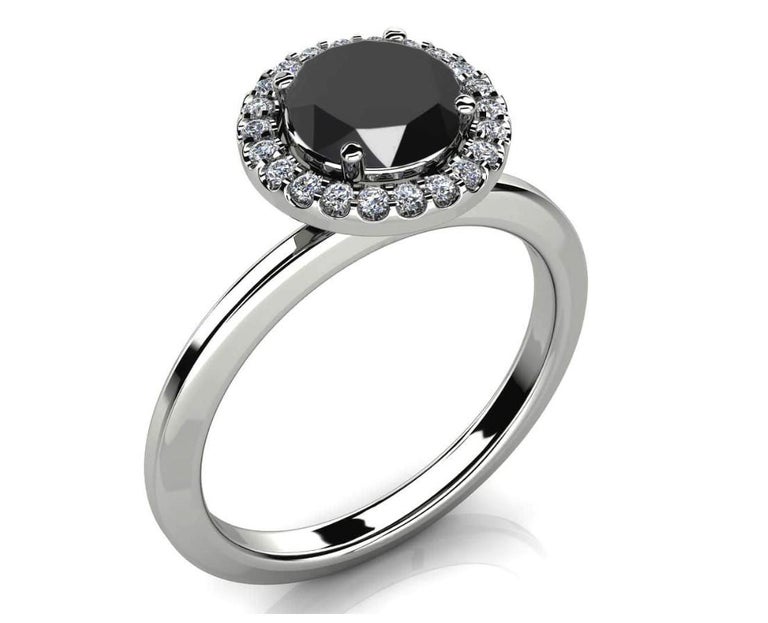 Contemporary 2 Carat Round Black Diamond Halo Cocktail Ring in 14K White Gold For Sale